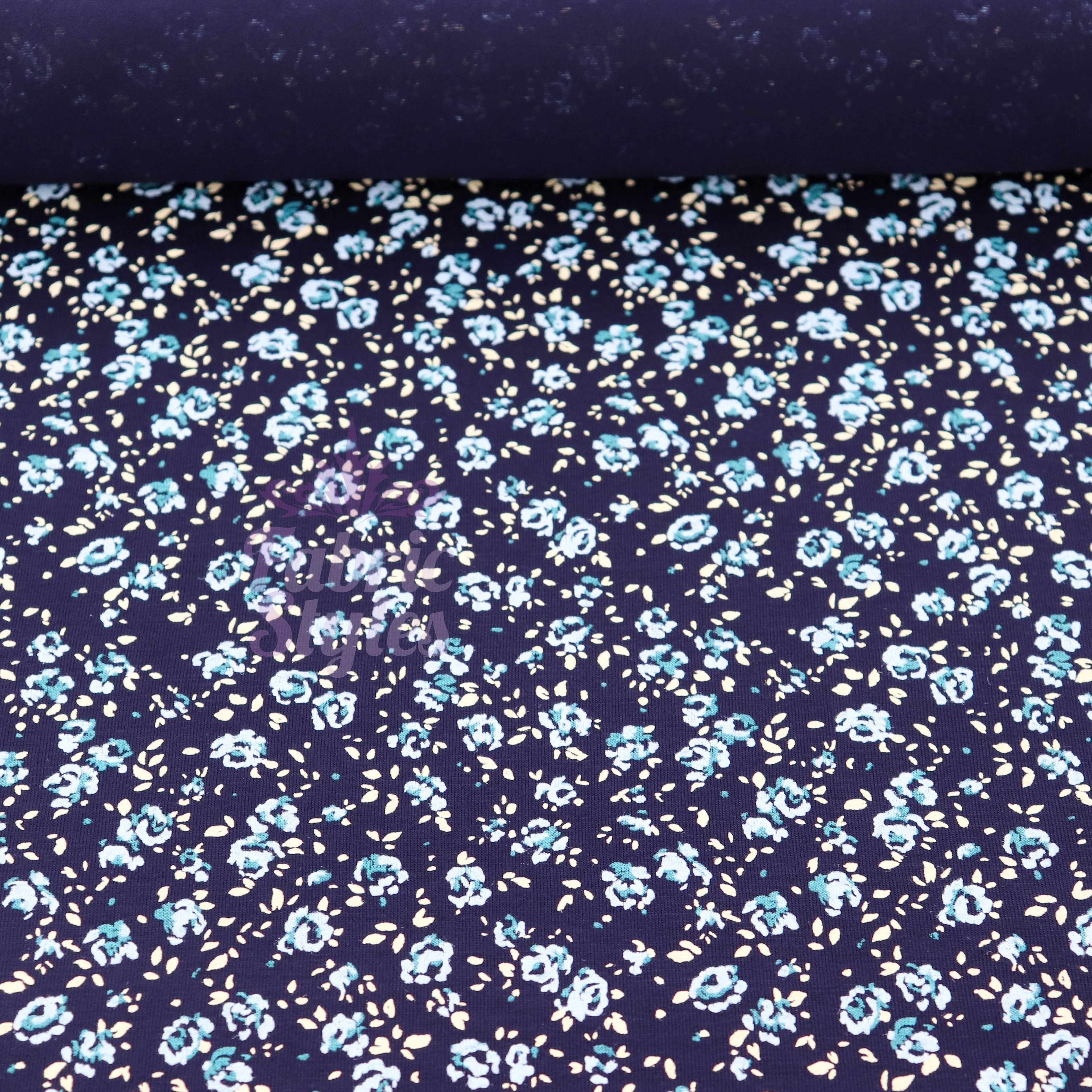 Navy Ditsy Small Floral Blue Roses Viscose Elastane Fabric