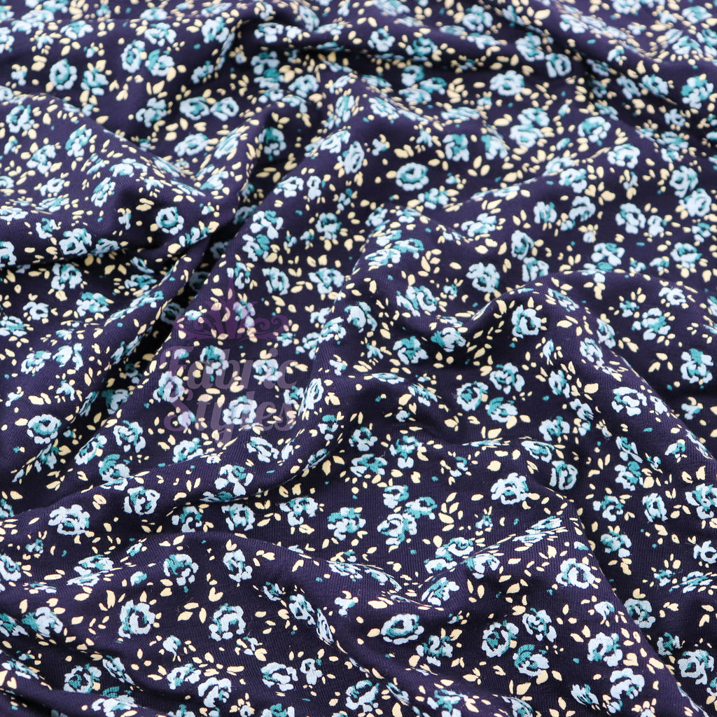 Navy Ditsy Small Floral Blue Roses Viscose Elastane Fabric