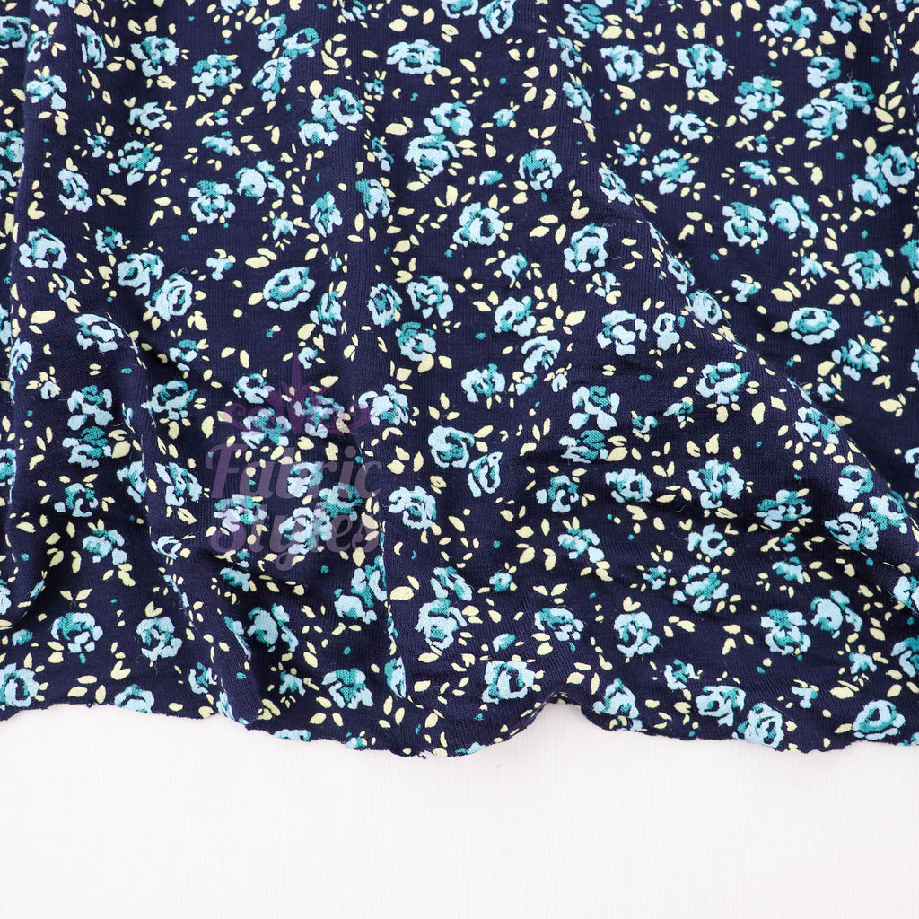 Navy Ditsy Small Floral Blue Roses Viscose Elastane Fabric