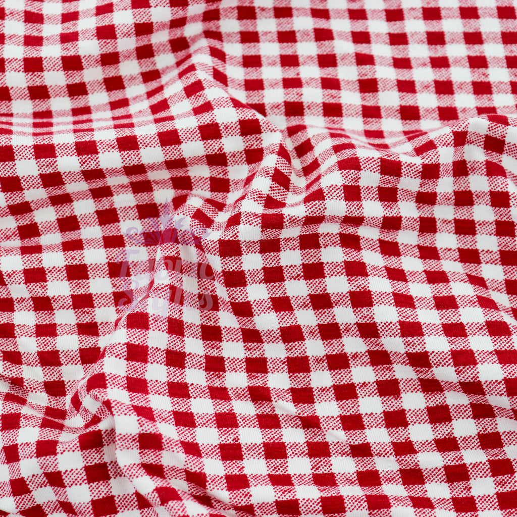 Red Gingham Check Viscose Elastane Fabric
