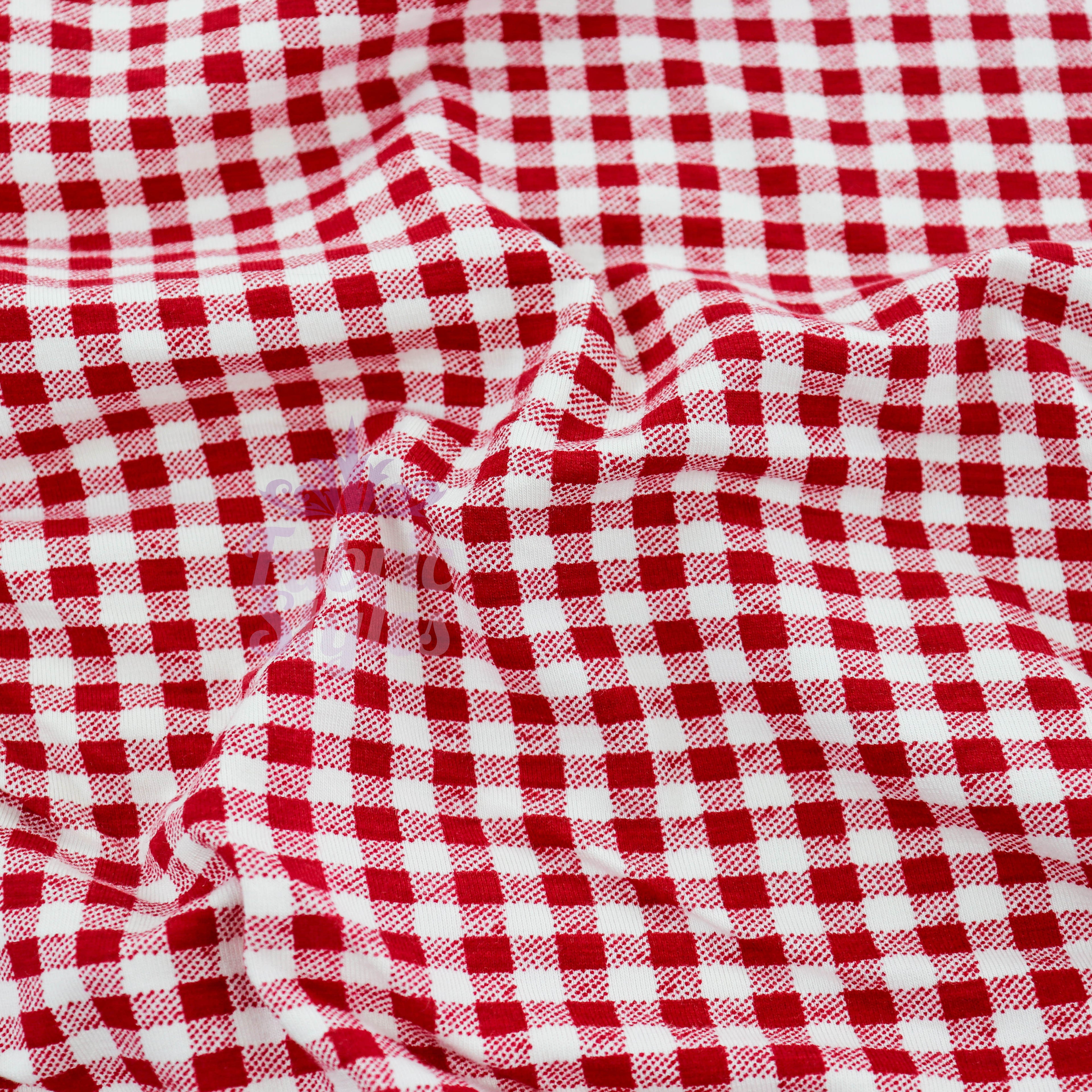 Red Gingham Check Viscose Elastane Fabric