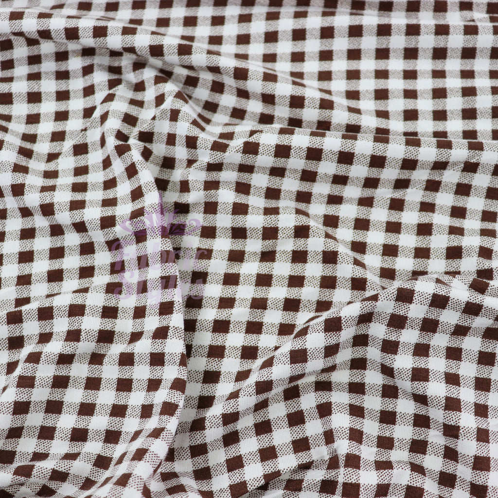 Dark Brown Gingham Check Viscose Elastane Fabric