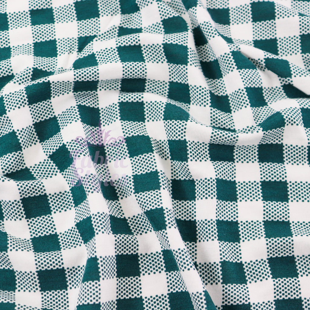 Green Gingham Check Viscose Elastane Fabric