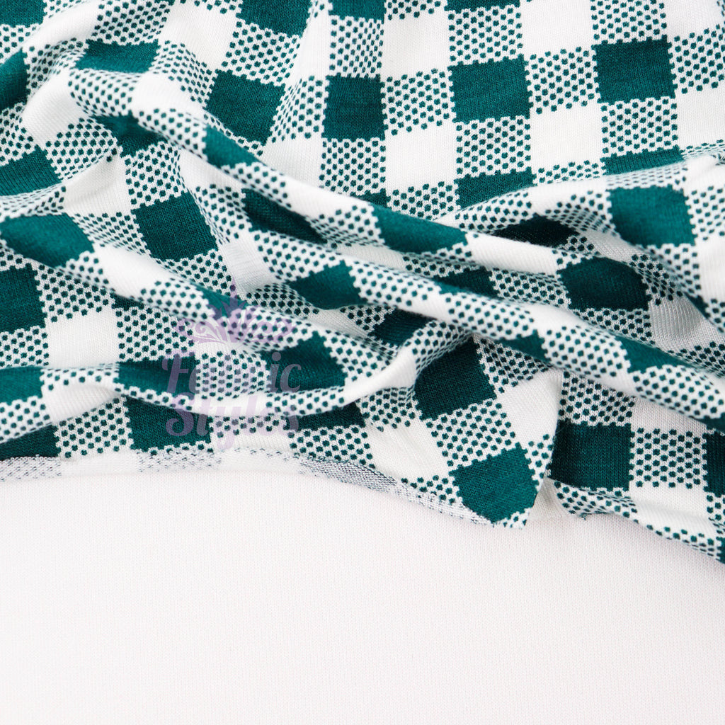 Green Gingham Check Viscose Elastane Fabric