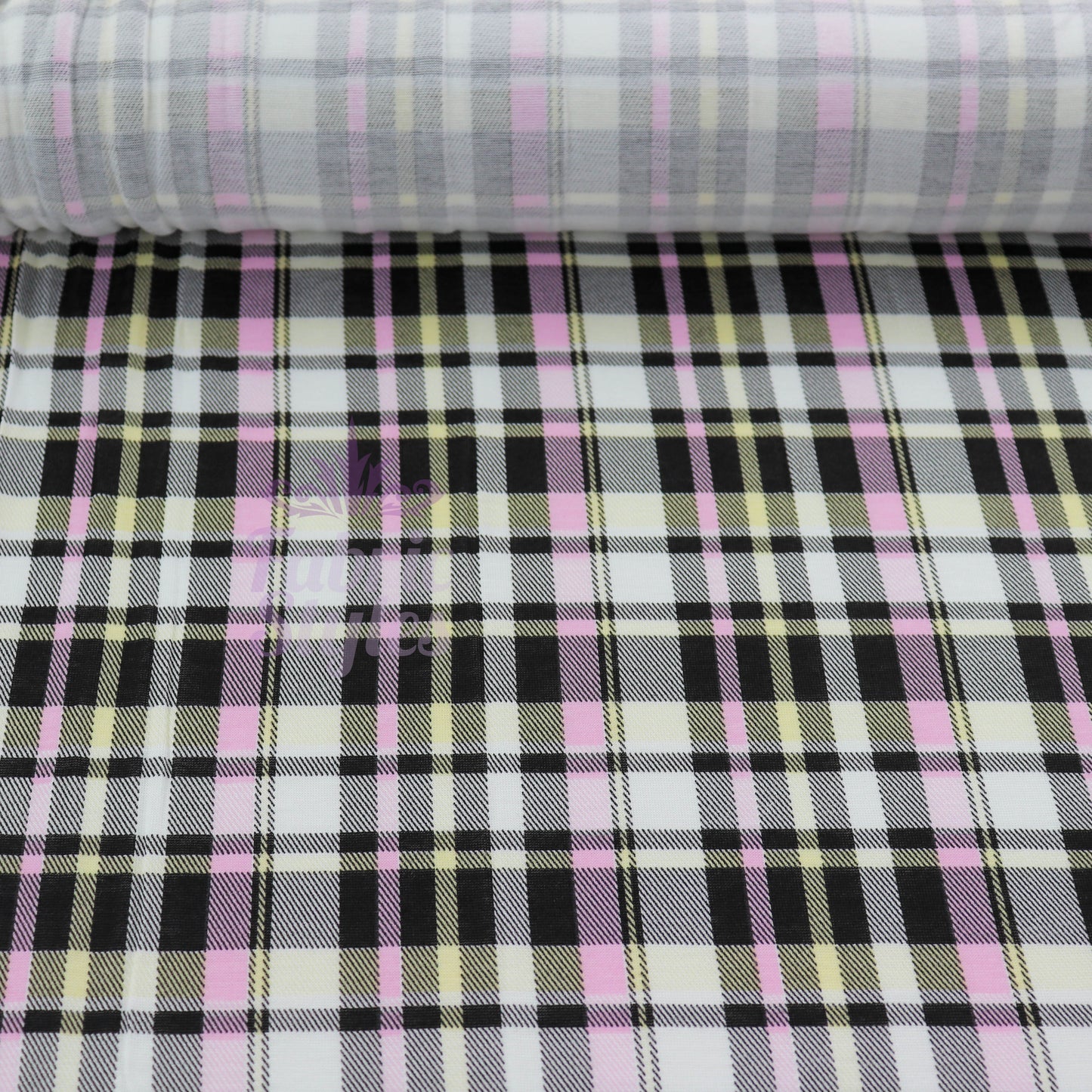 Tartan Yellow Pink Black Viscose Elastane Fabric