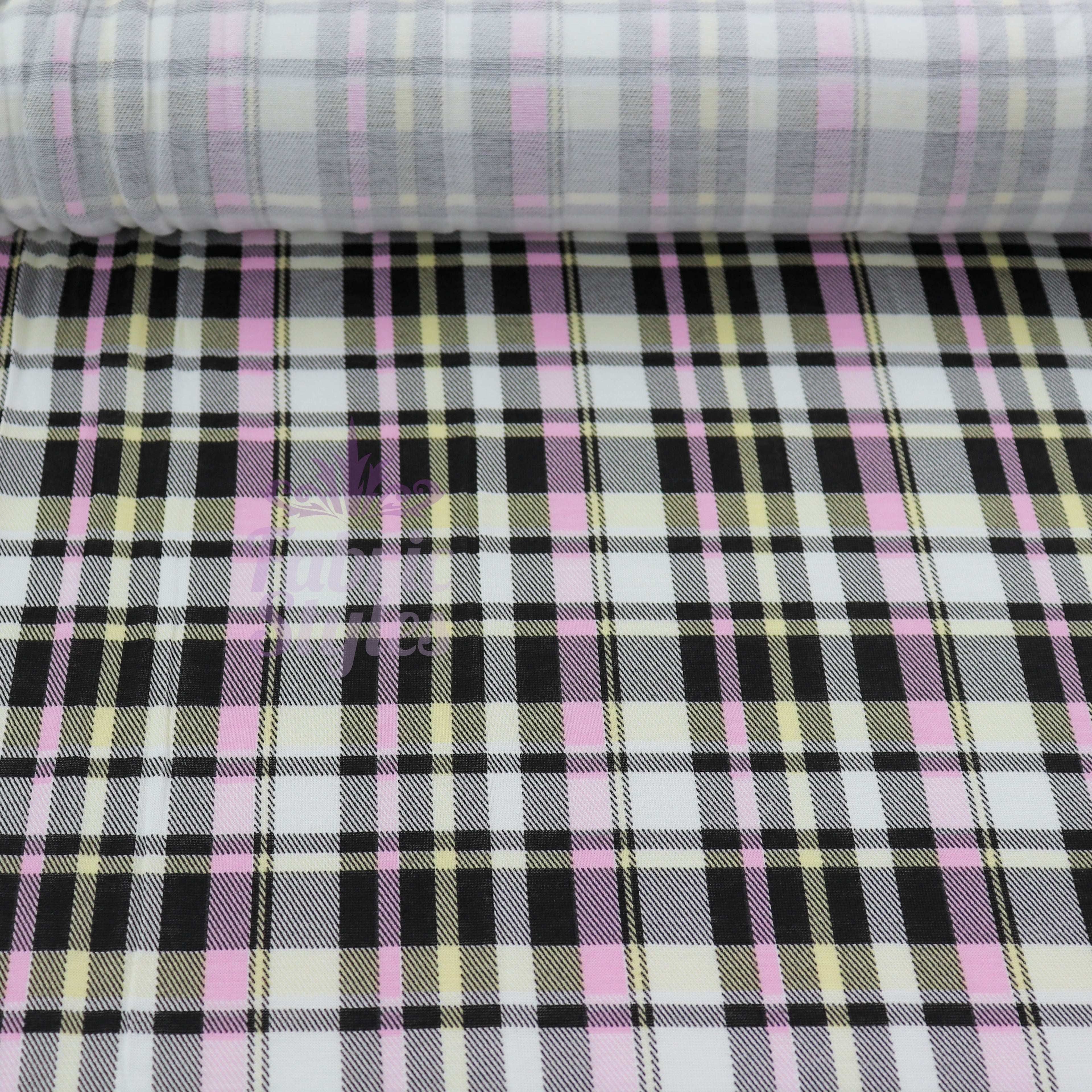 Tartan Yellow Pink Black Viscose Elastane Fabric
