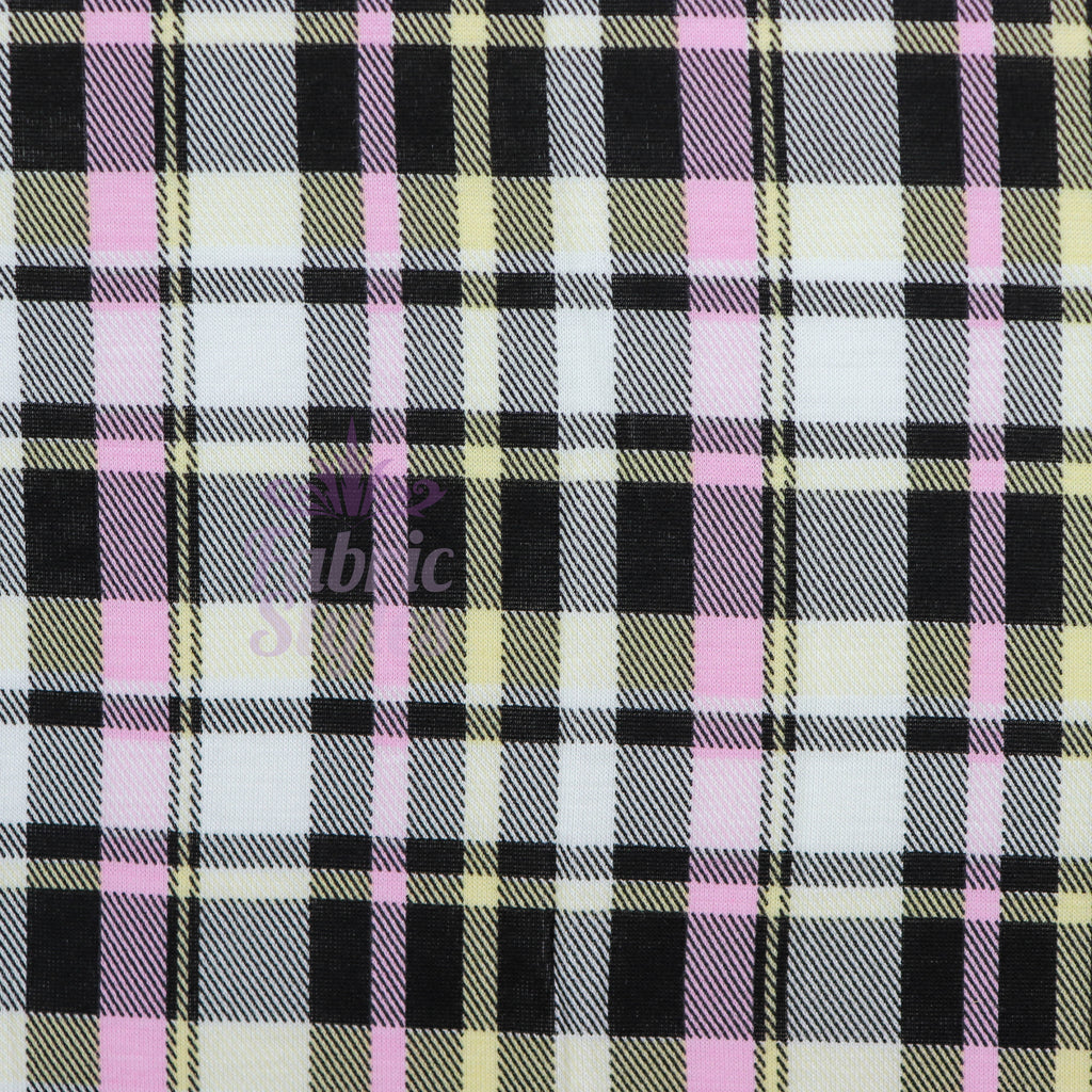 Tartan Yellow Pink Black Viscose Elastane Fabric