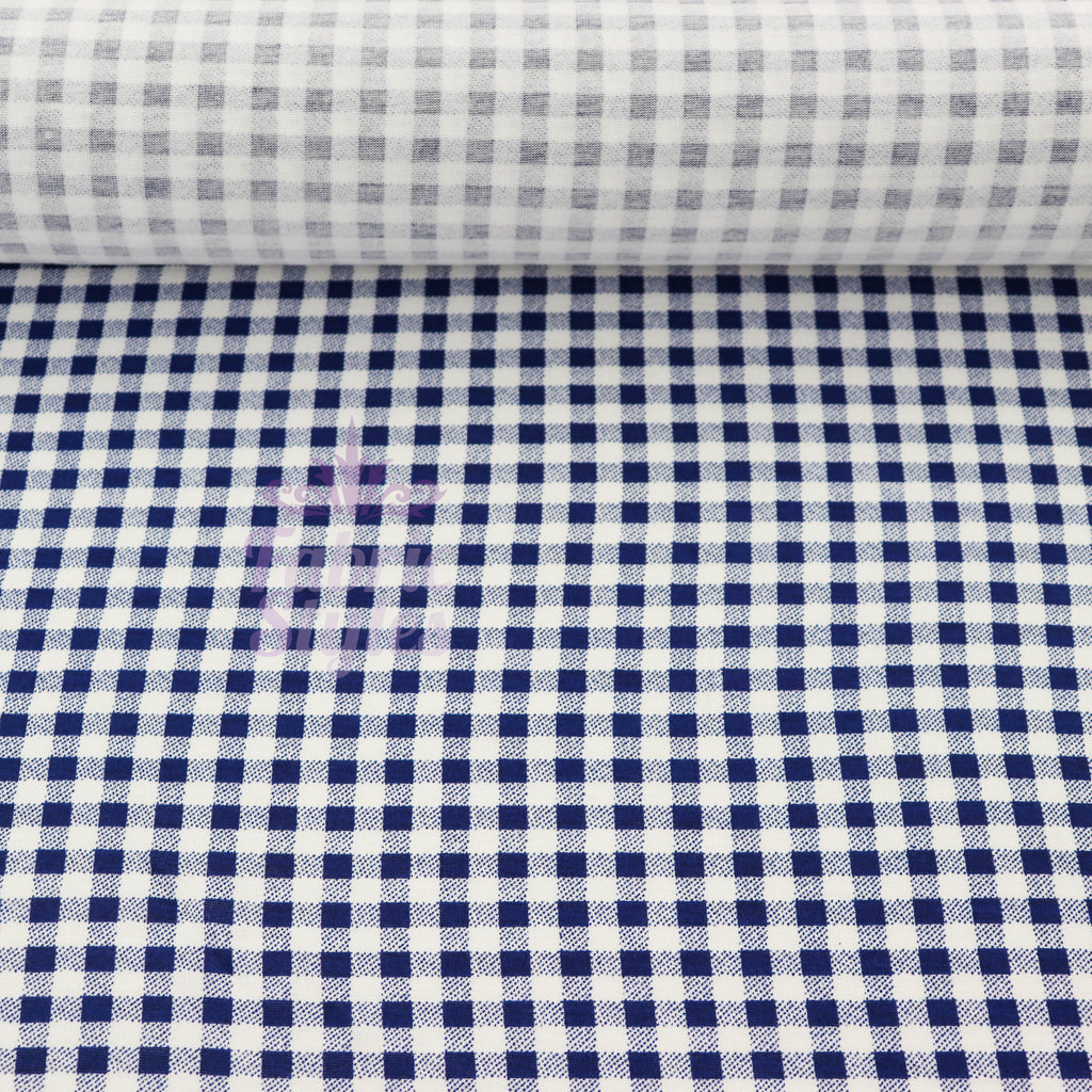 Navy Gingham Check Viscose Elastane Fabric