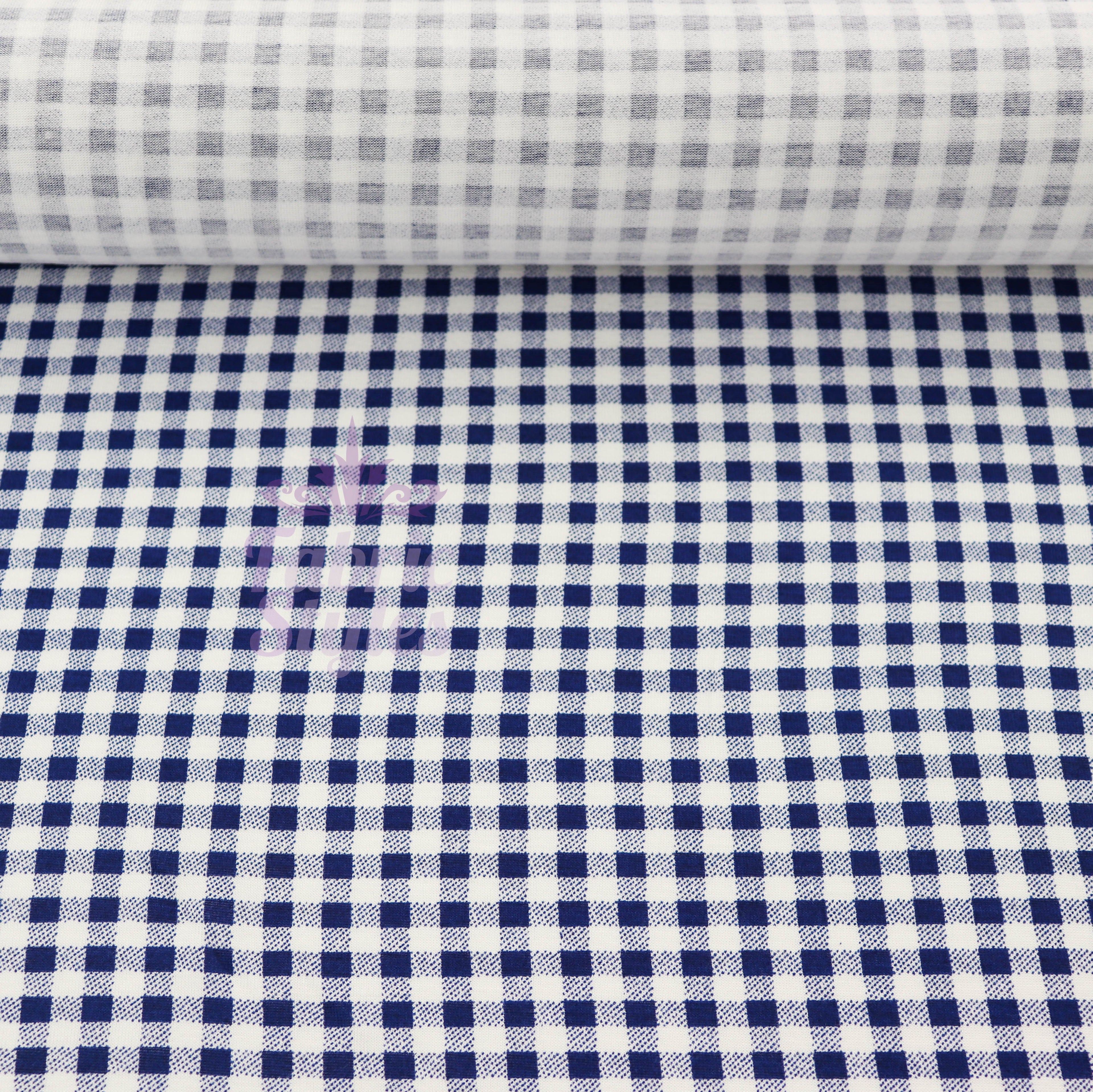 Navy Gingham Check Viscose Elastane Fabric