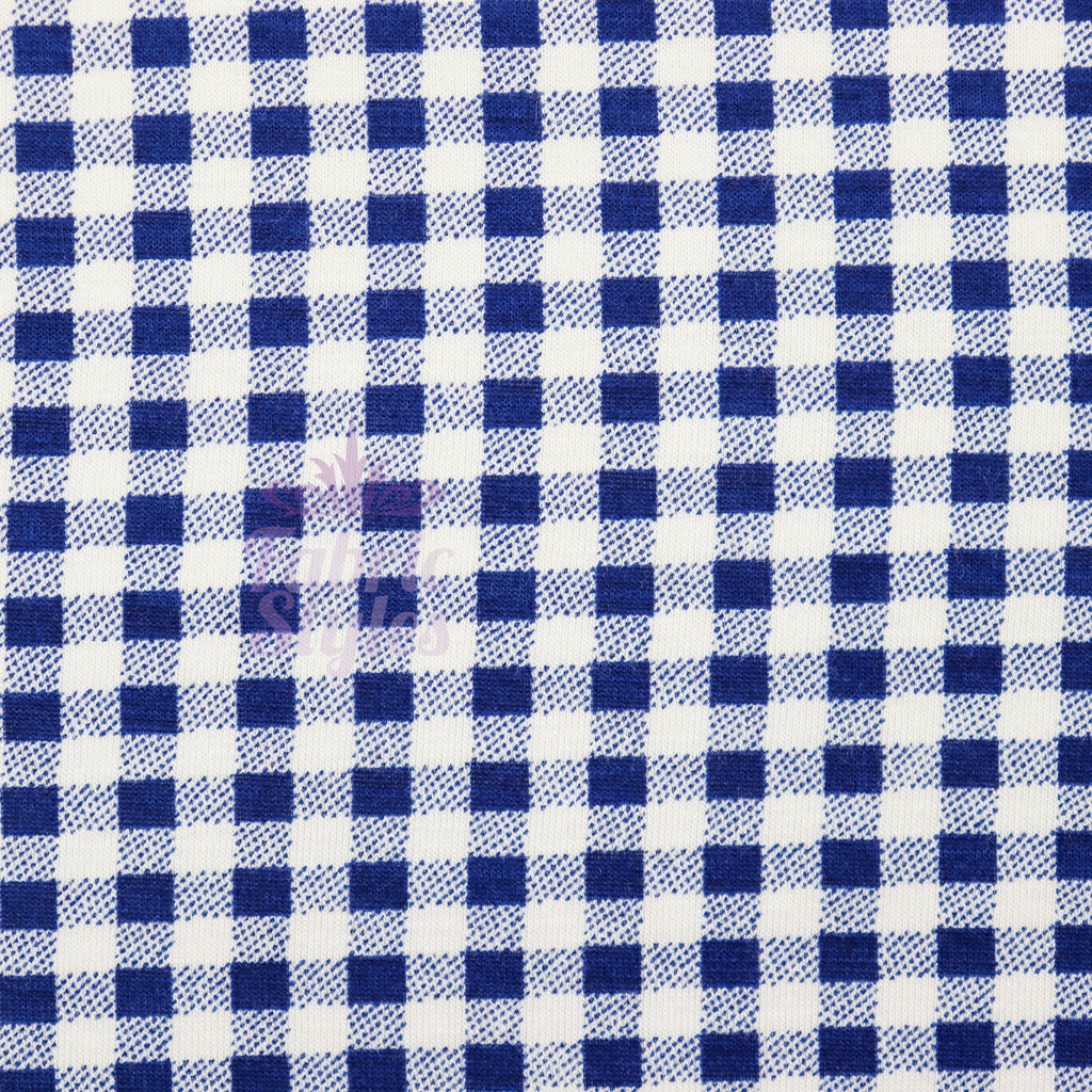 Navy Gingham Check Viscose Elastane Fabric