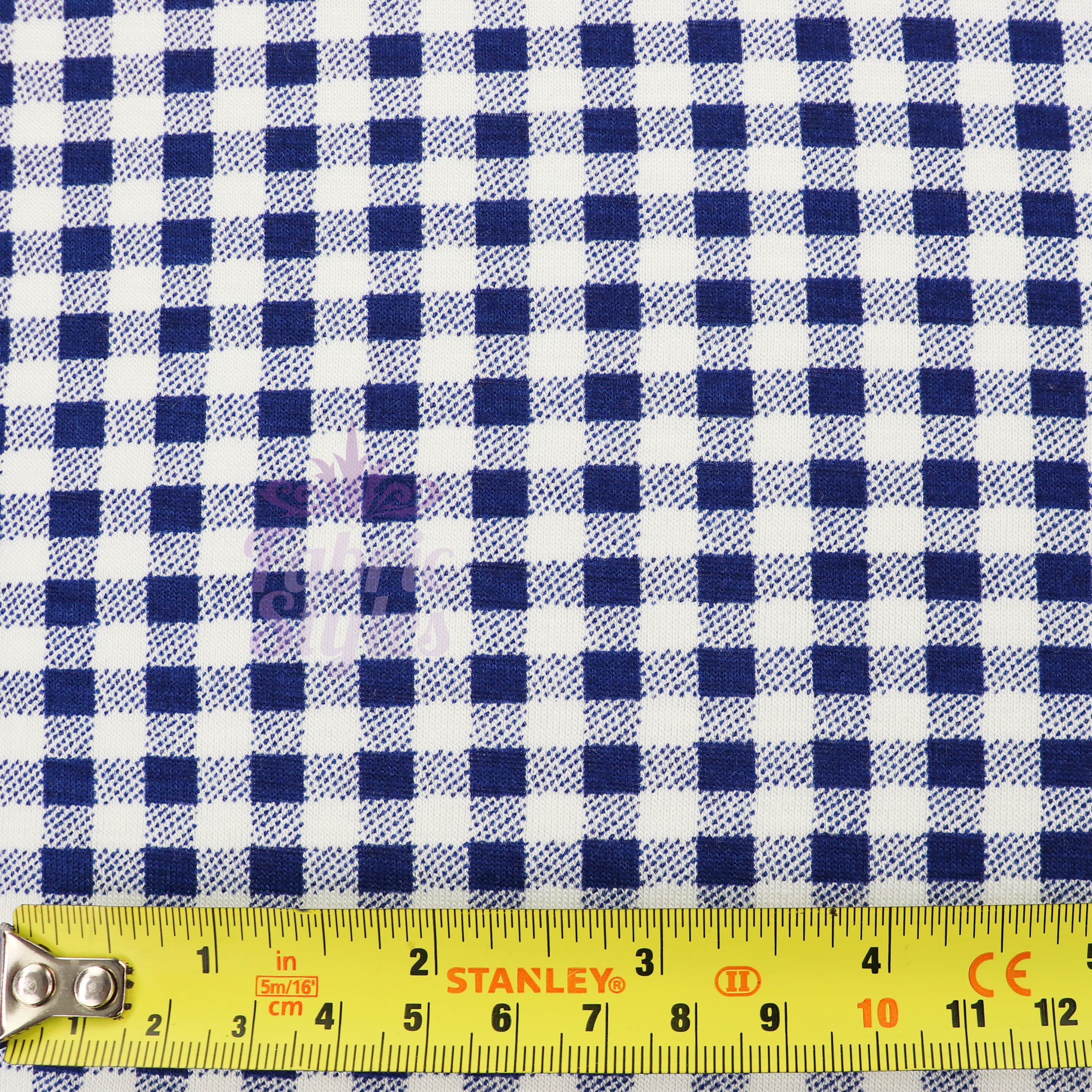 Navy Gingham Check Viscose Elastane Fabric