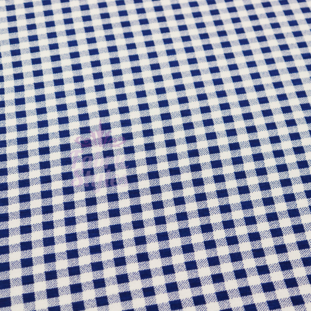 Navy Gingham Check Viscose Elastane Fabric