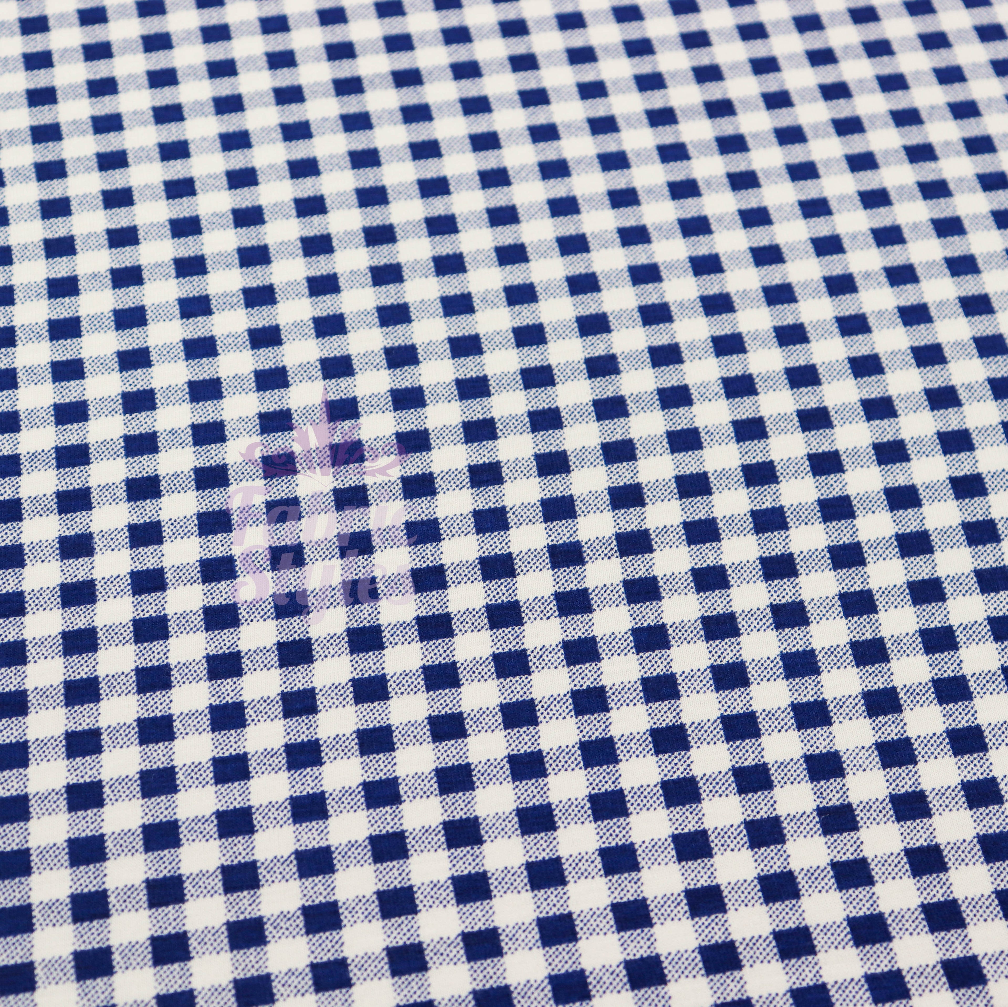 Navy Gingham Check Viscose Elastane Fabric