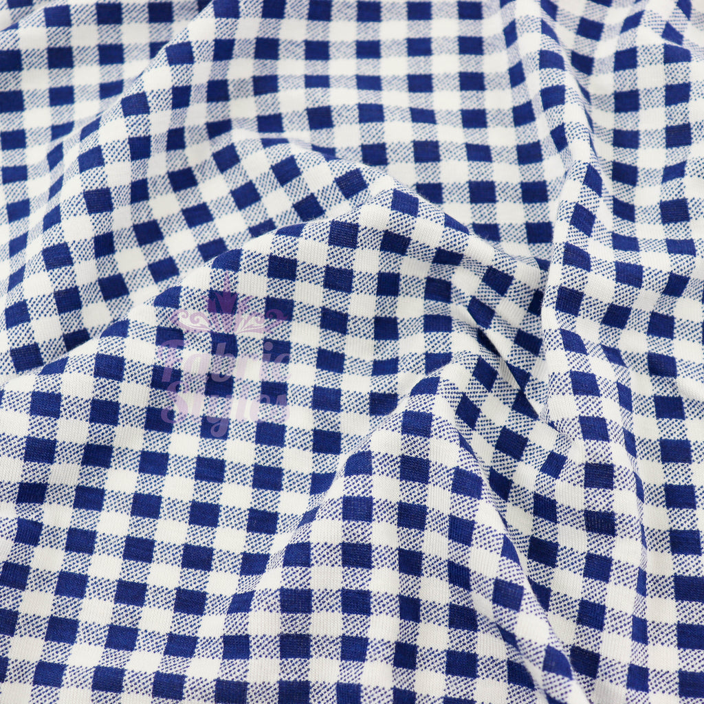 Navy Gingham Check Viscose Elastane Fabric