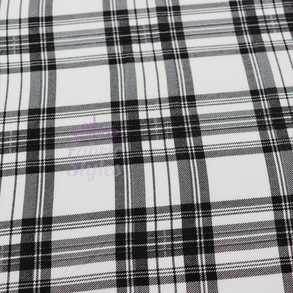 Tartan Plaid Black Viscose Elastane Fabric