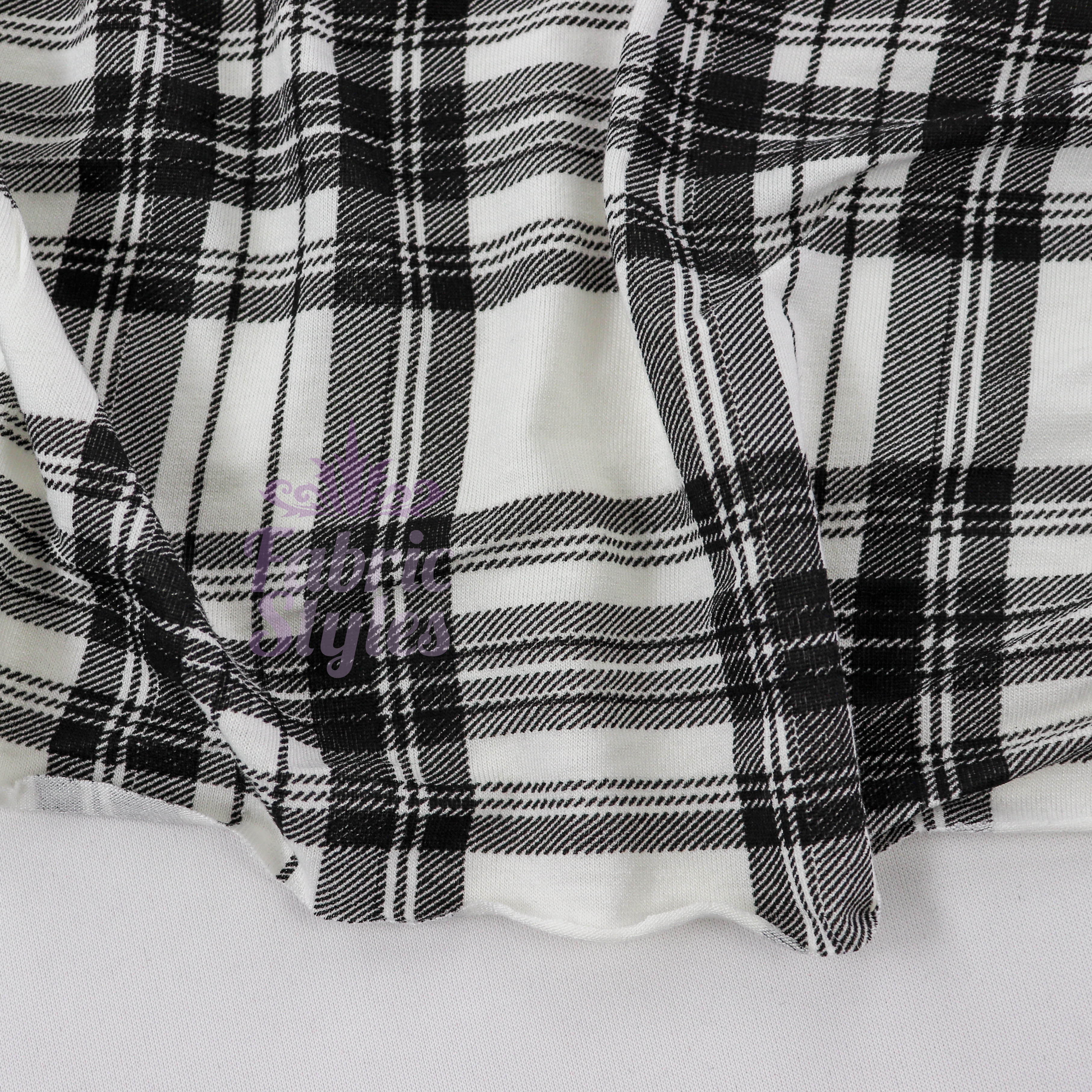 Tartan Plaid Black Viscose Elastane Fabric