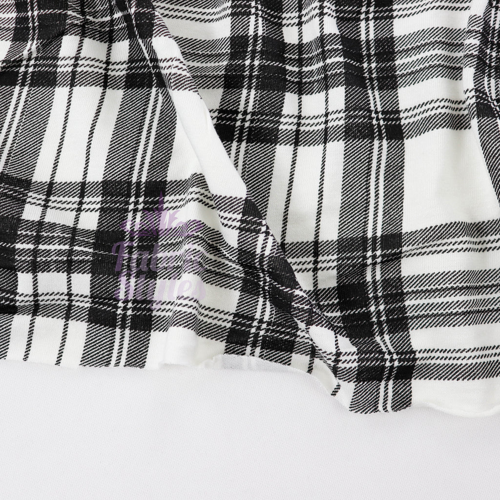 Tartan Plaid Black Viscose Elastane Fabric