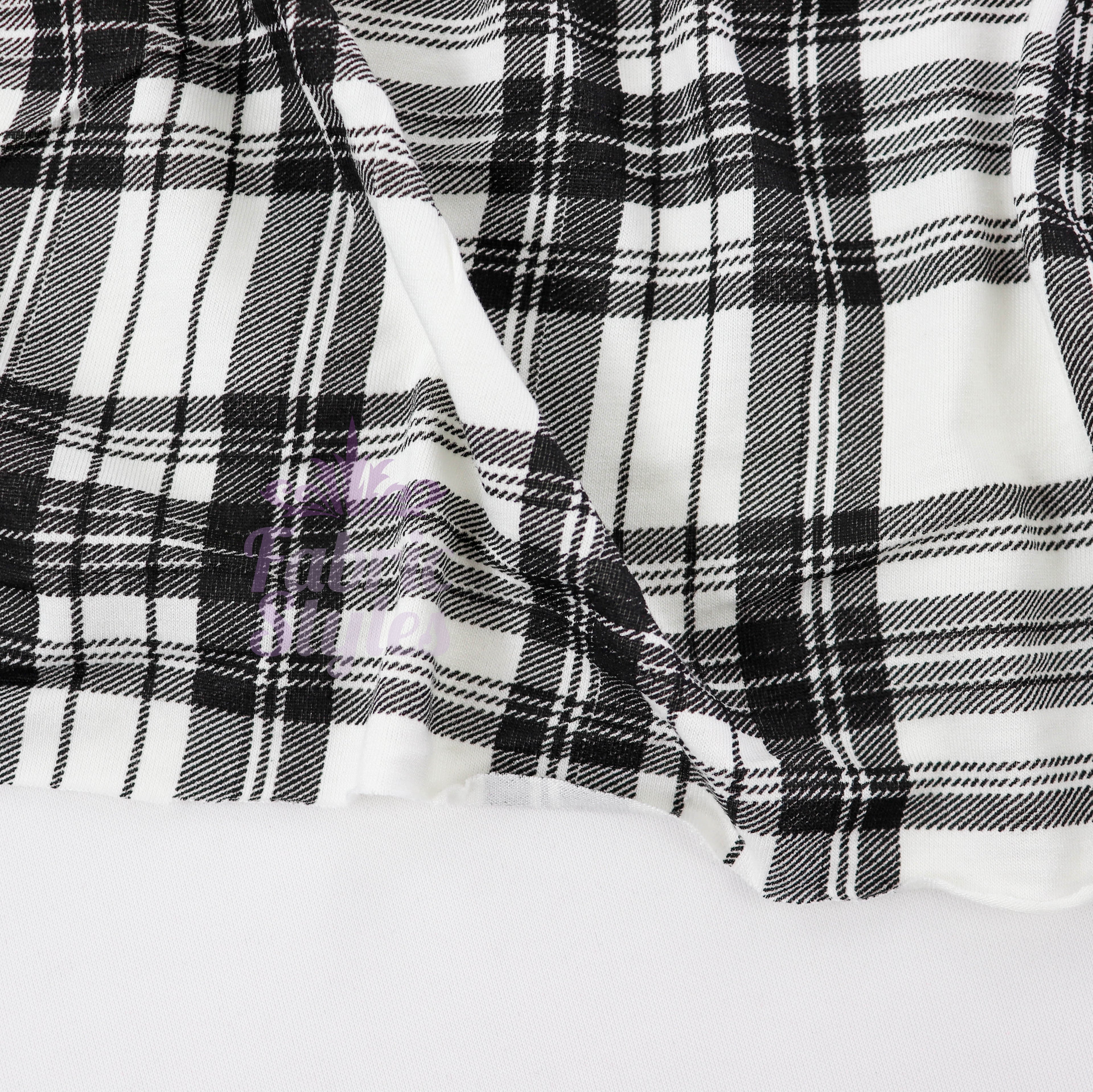 Tartan Plaid Black Viscose Elastane Fabric