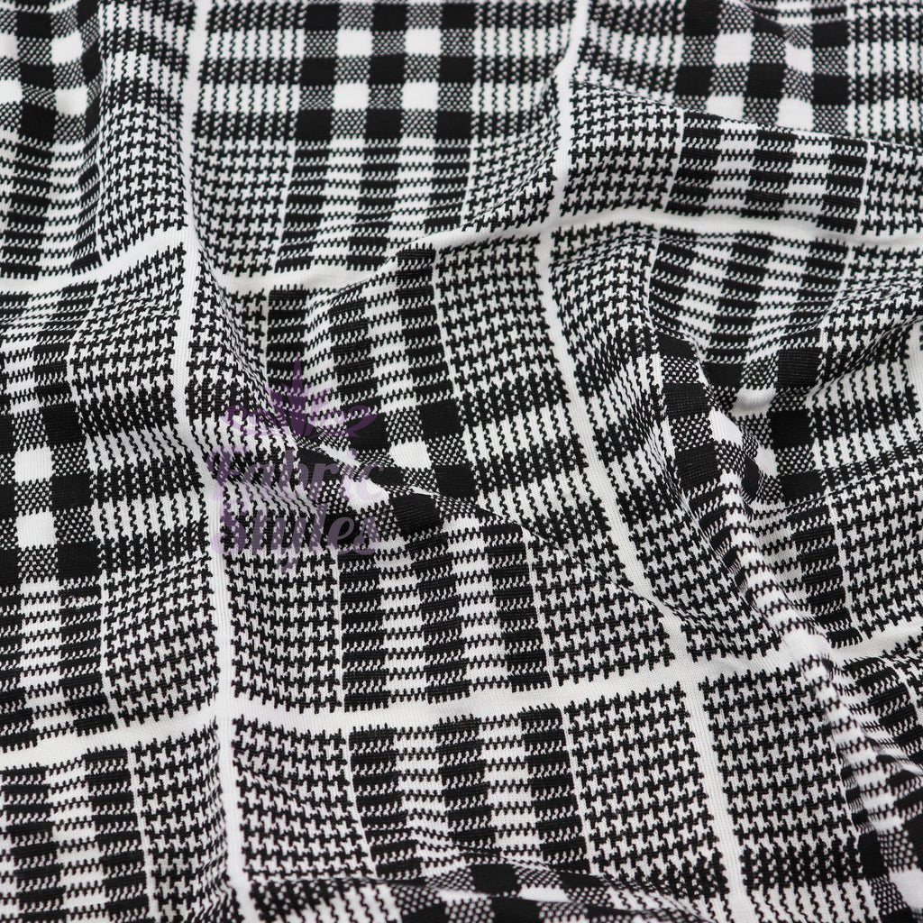 Tartan Plaid Black Viscose Elastane Fabric