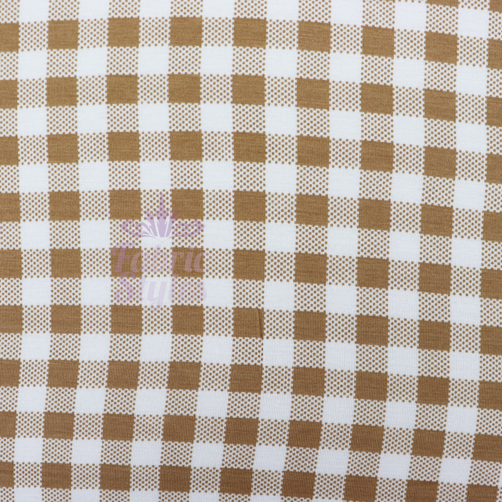 Light Brown Gingham Check Viscose Elastane Fabric