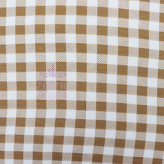 Light Brown Gingham Check Viscose Elastane Fabric