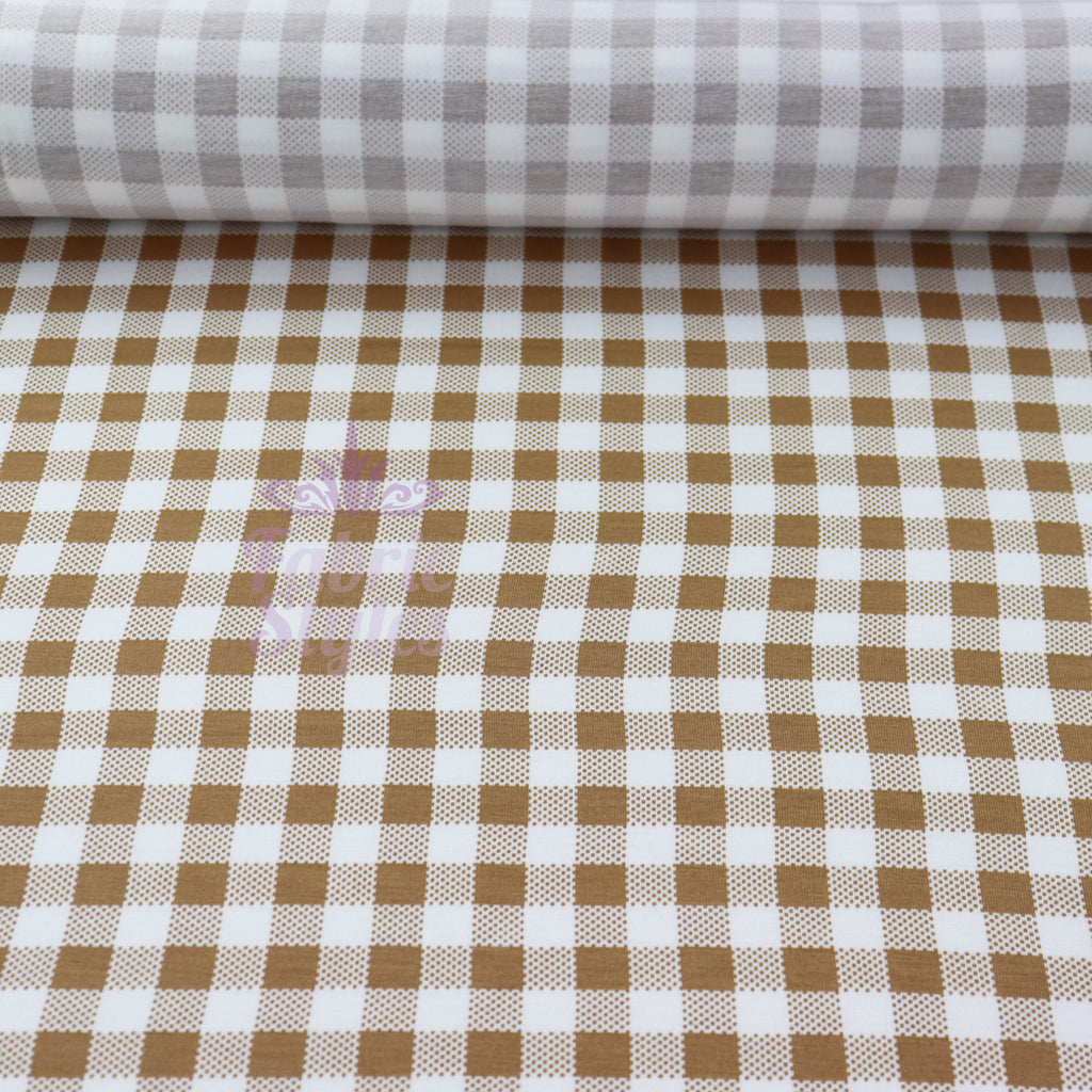 Light Brown Gingham Check Viscose Elastane Fabric