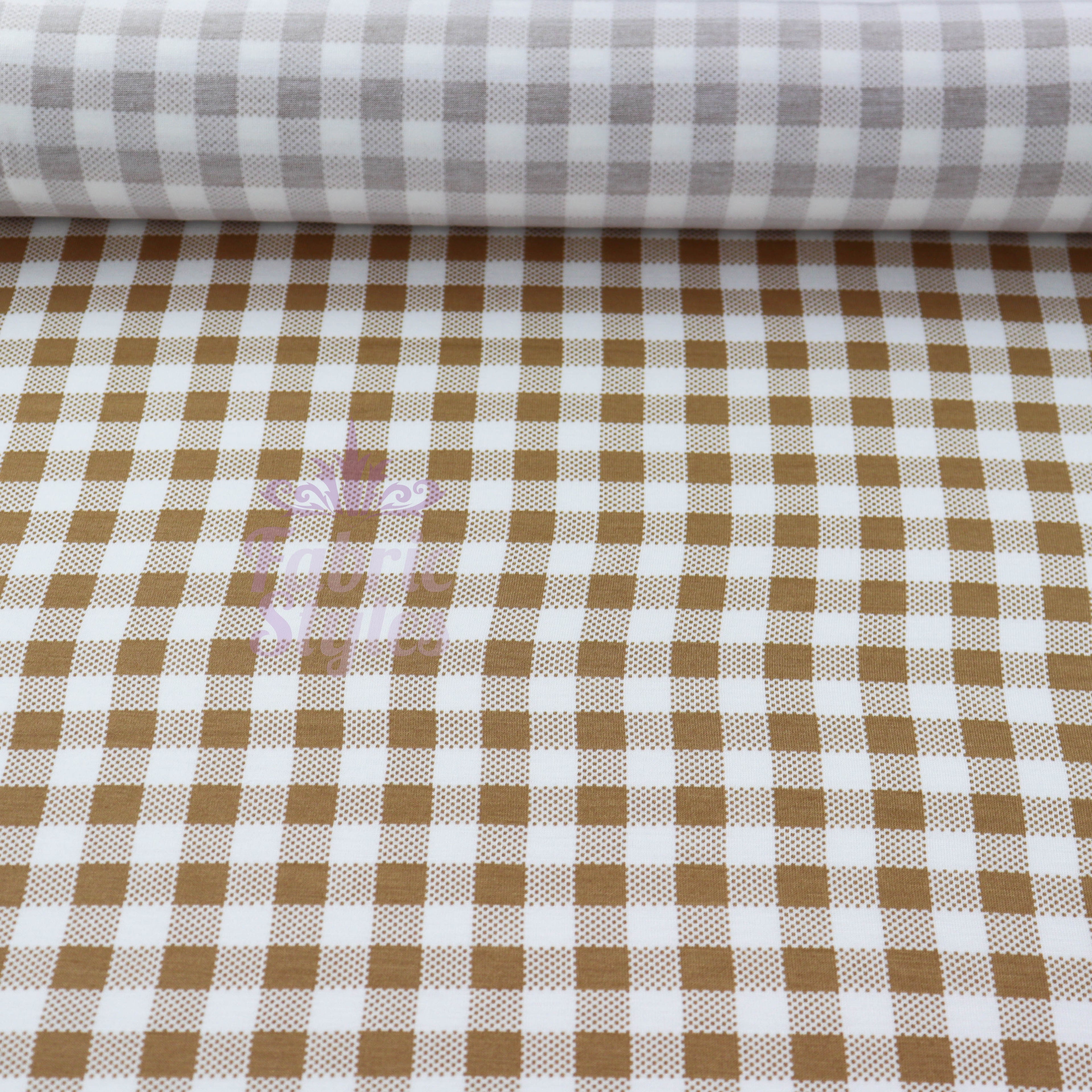 Light Brown Gingham Check Viscose Elastane Fabric