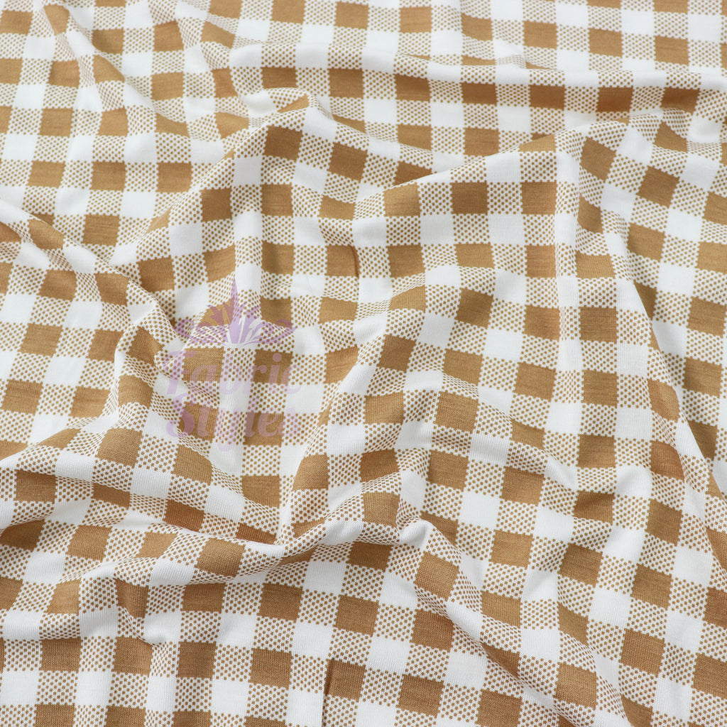 Light Brown Gingham Check Viscose Elastane Fabric