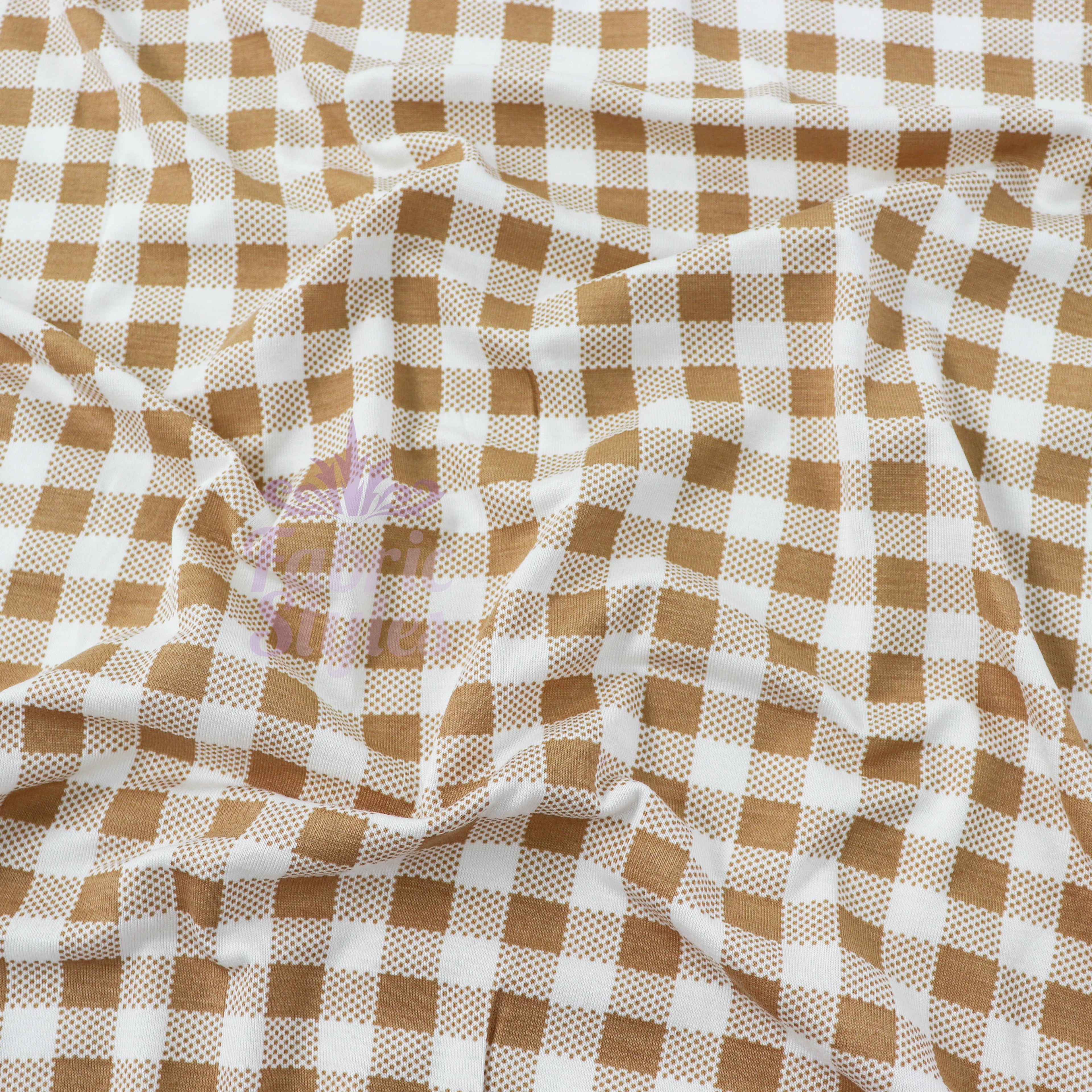 Light Brown Gingham Check Viscose Elastane Fabric