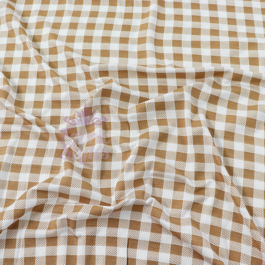 Light Brown Gingham Check Viscose Elastane Fabric