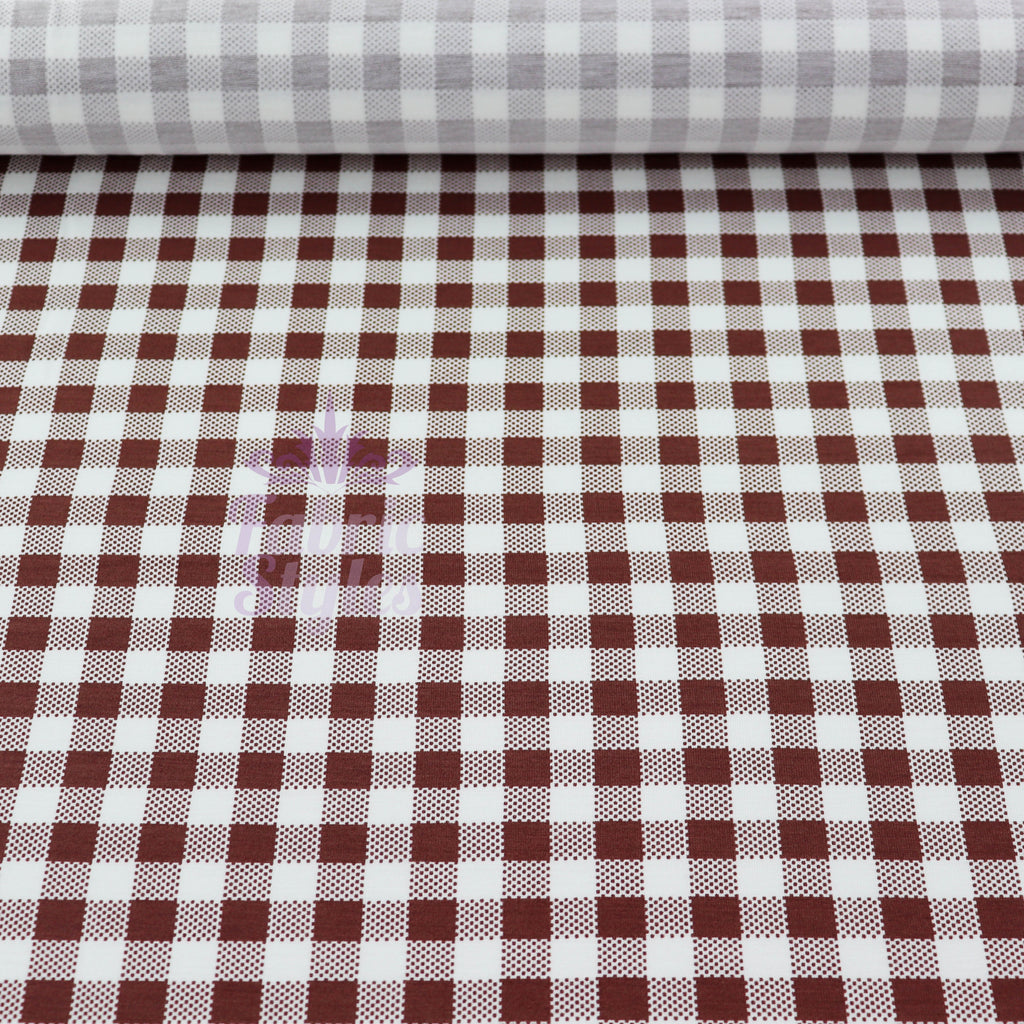 Brown Gingham Check Viscose Elastane Fabric