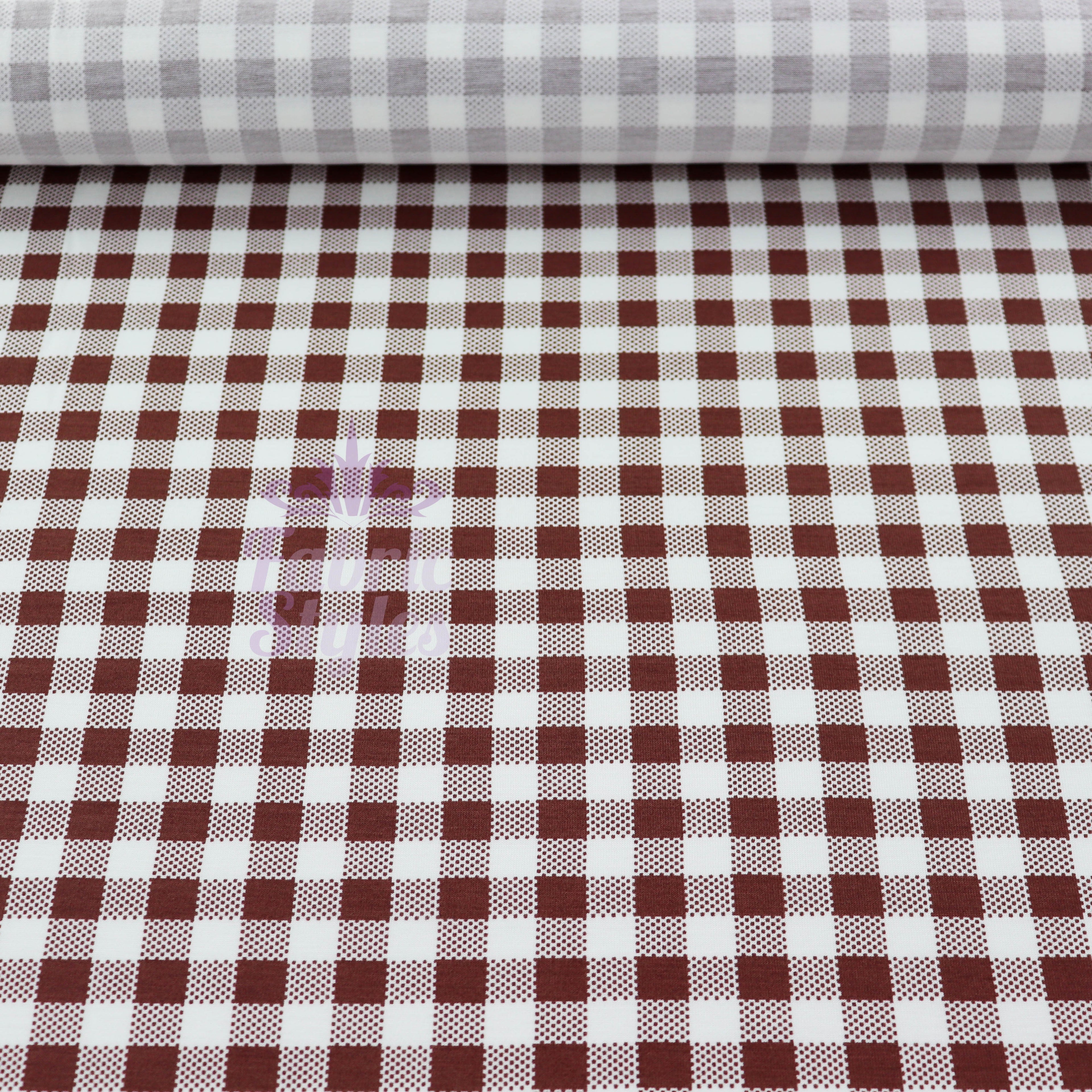 Brown Gingham Check Viscose Elastane Fabric