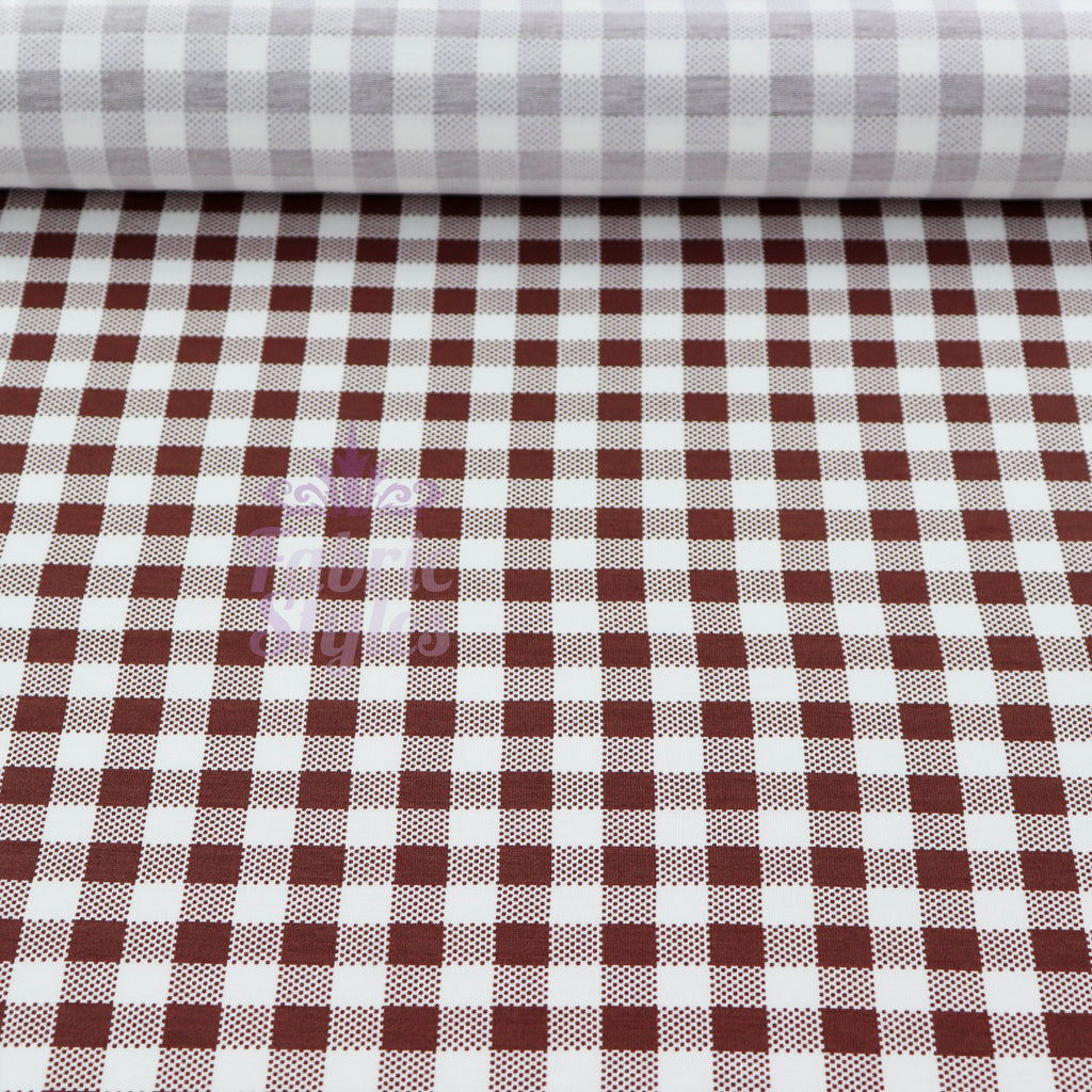 Brown Gingham Check Viscose Elastane Fabric