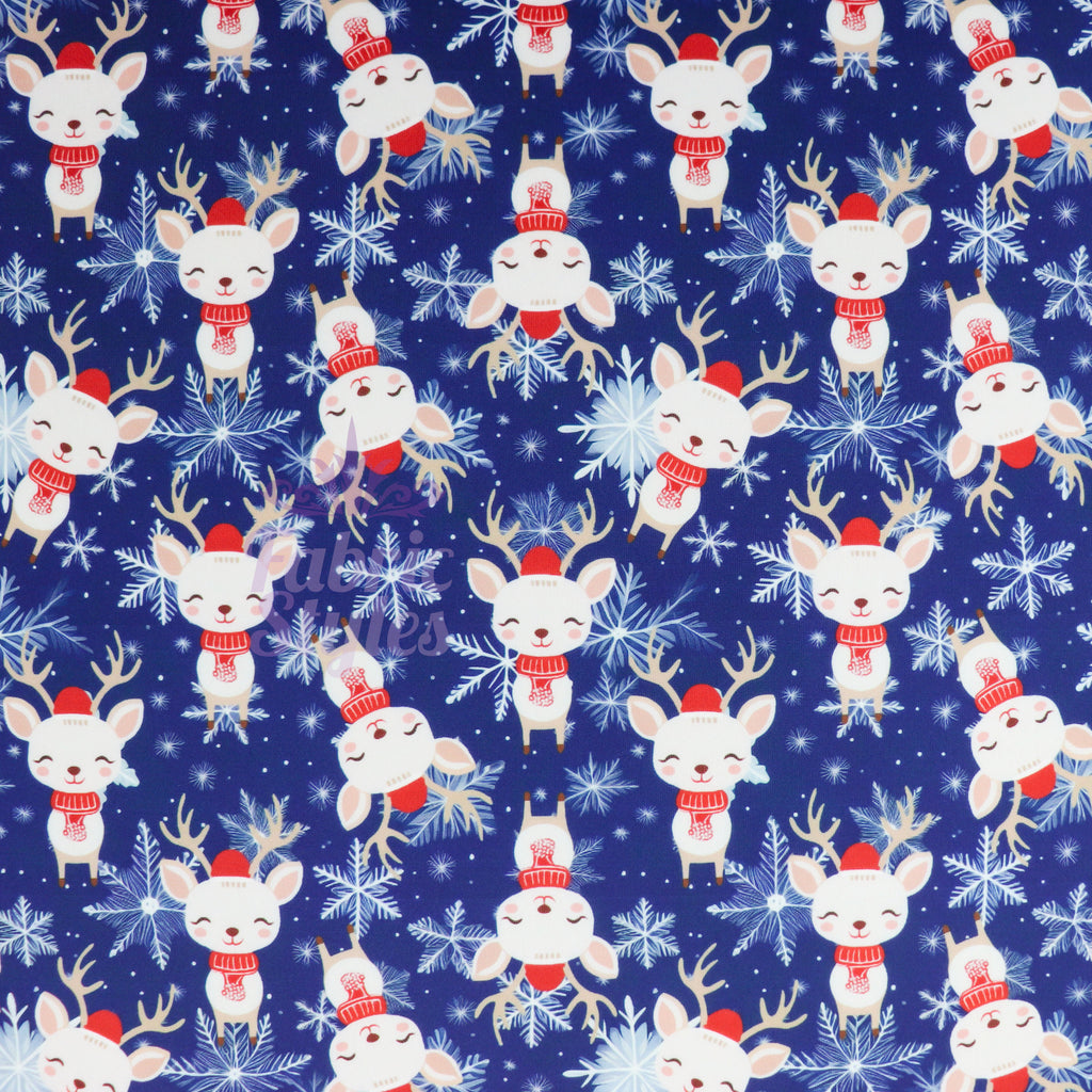 Reindeer Face Fabric | Cute Reindeer Print on Navy