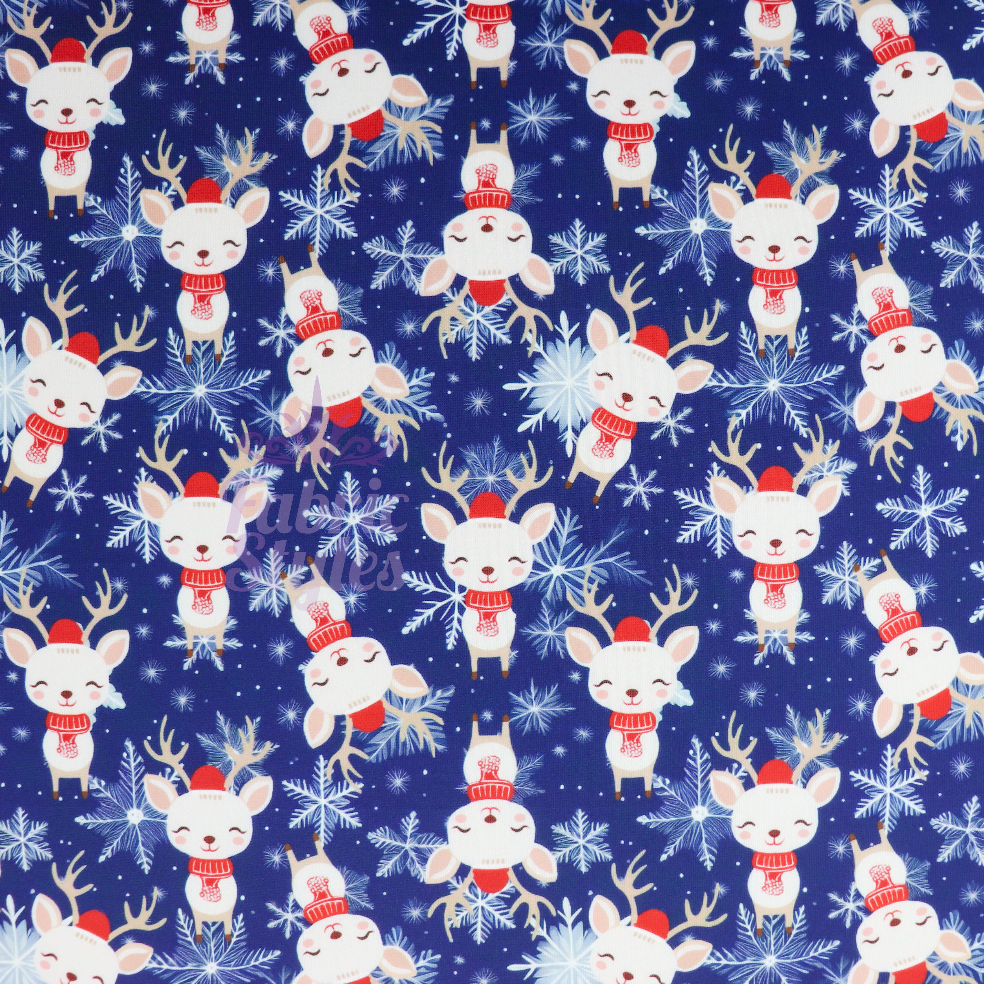 Reindeer Face Fabric | Cute Reindeer Print on Navy
