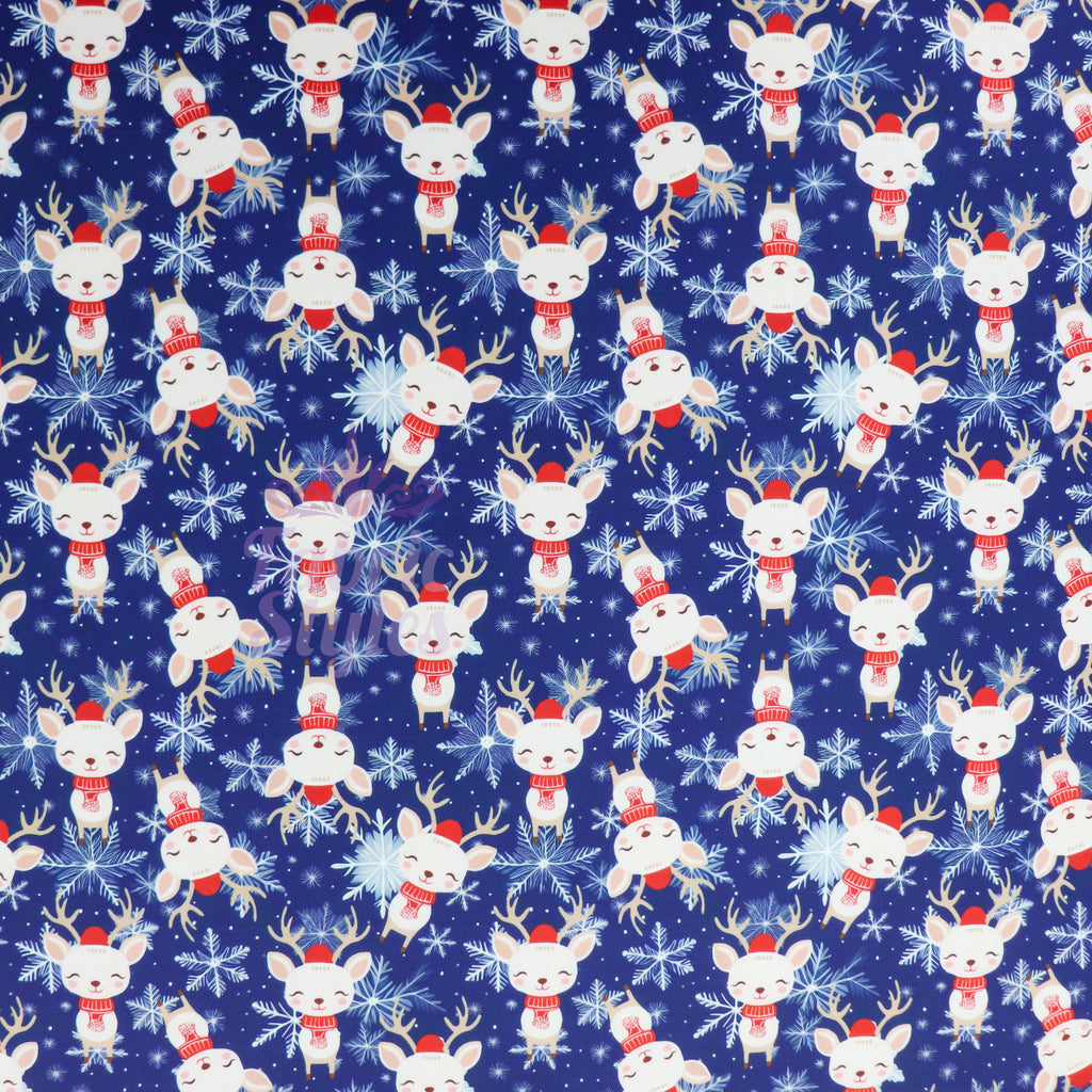 Reindeer Face Fabric | Cute Reindeer Print on Navy