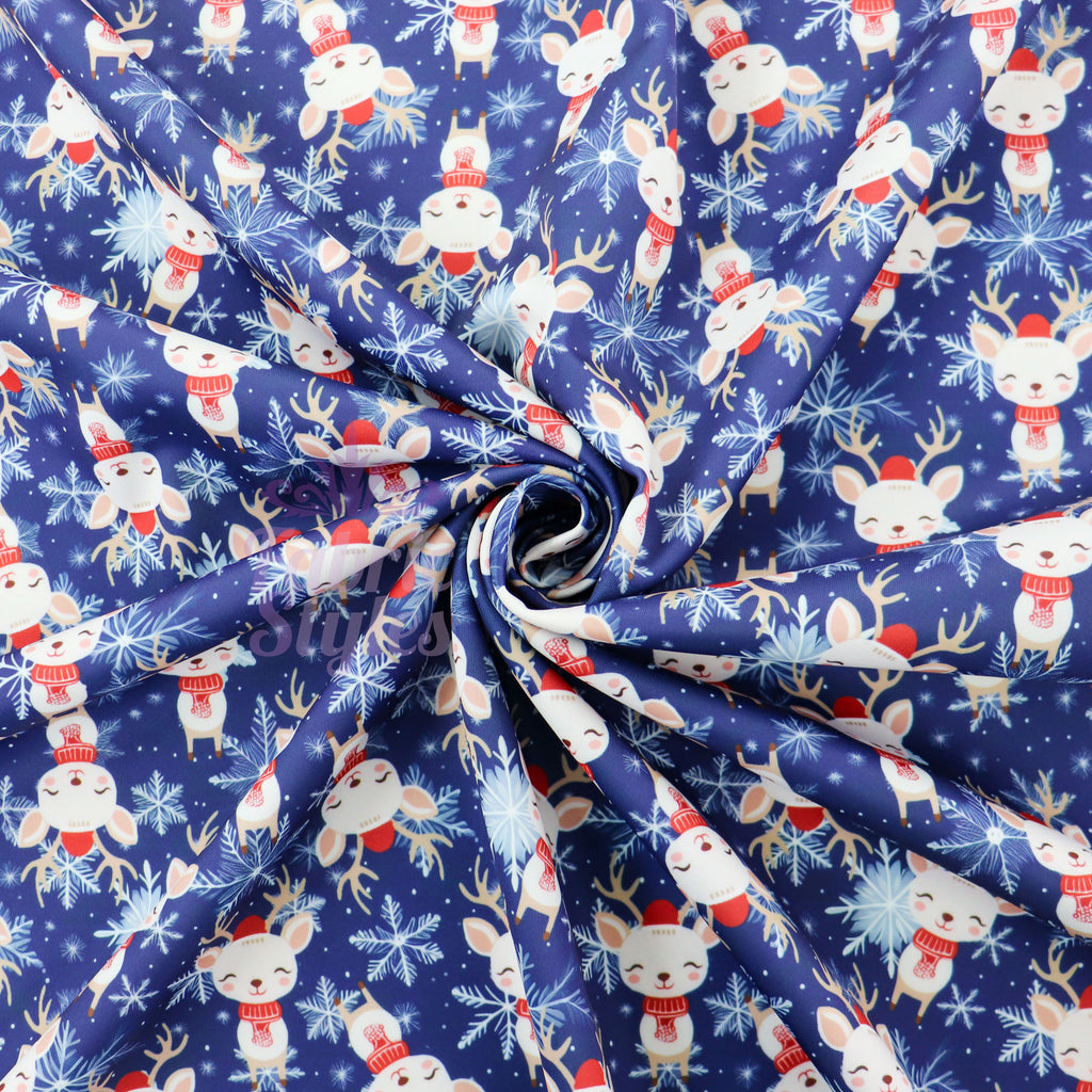 Reindeer Face Fabric | Cute Reindeer Print on Navy