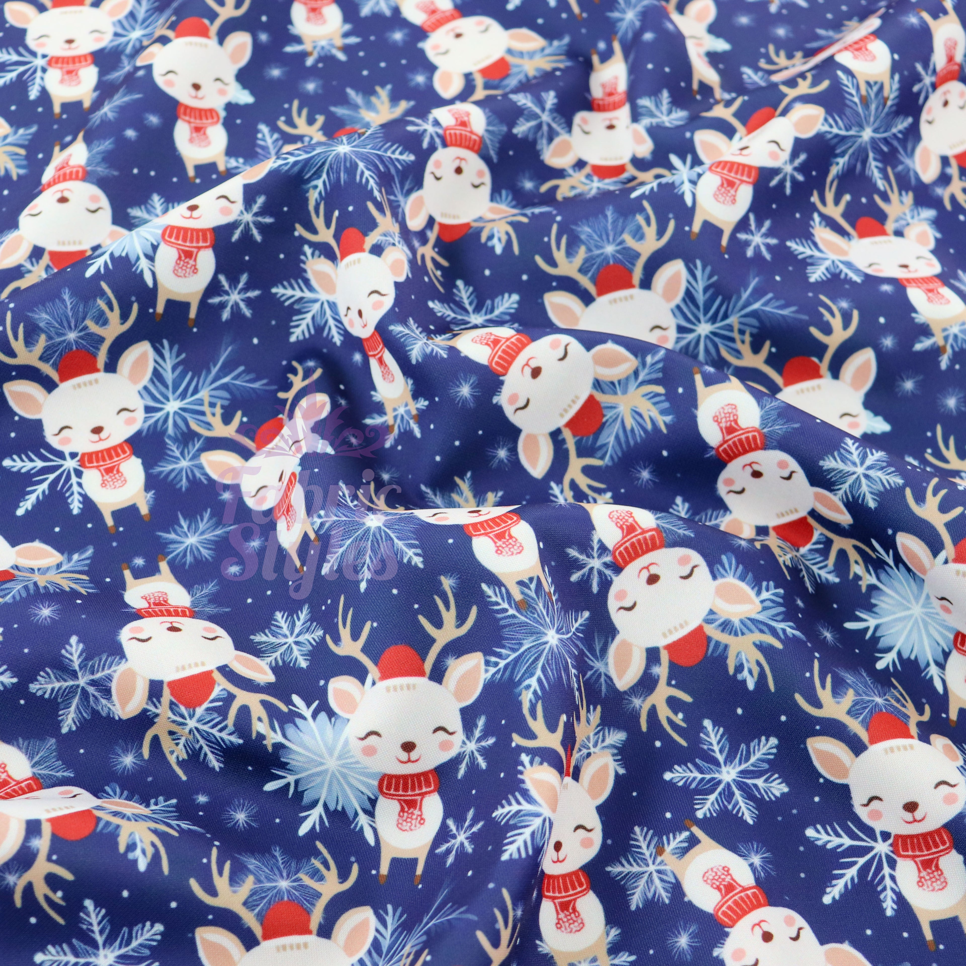 Reindeer Face Fabric | Cute Reindeer Print on Navy