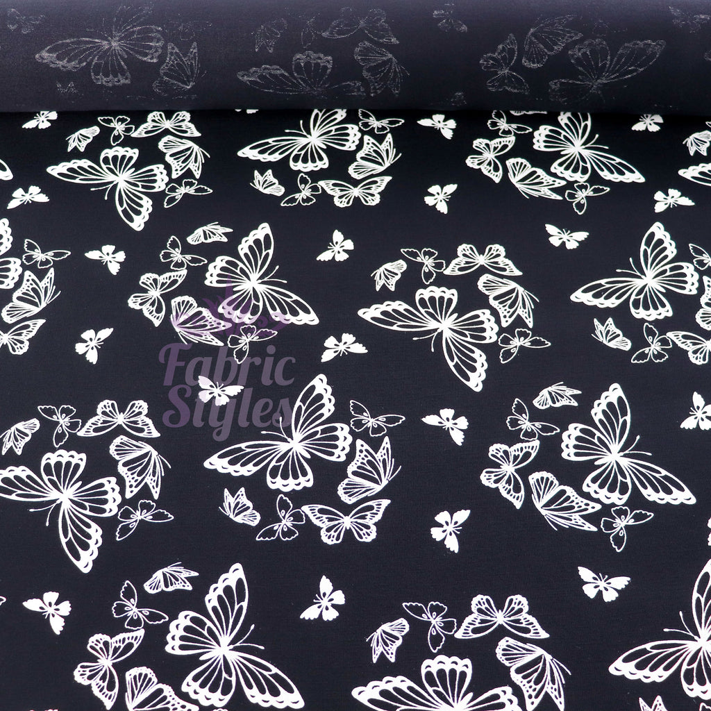 Black & White Butterfly Viscose Elastane Fabric