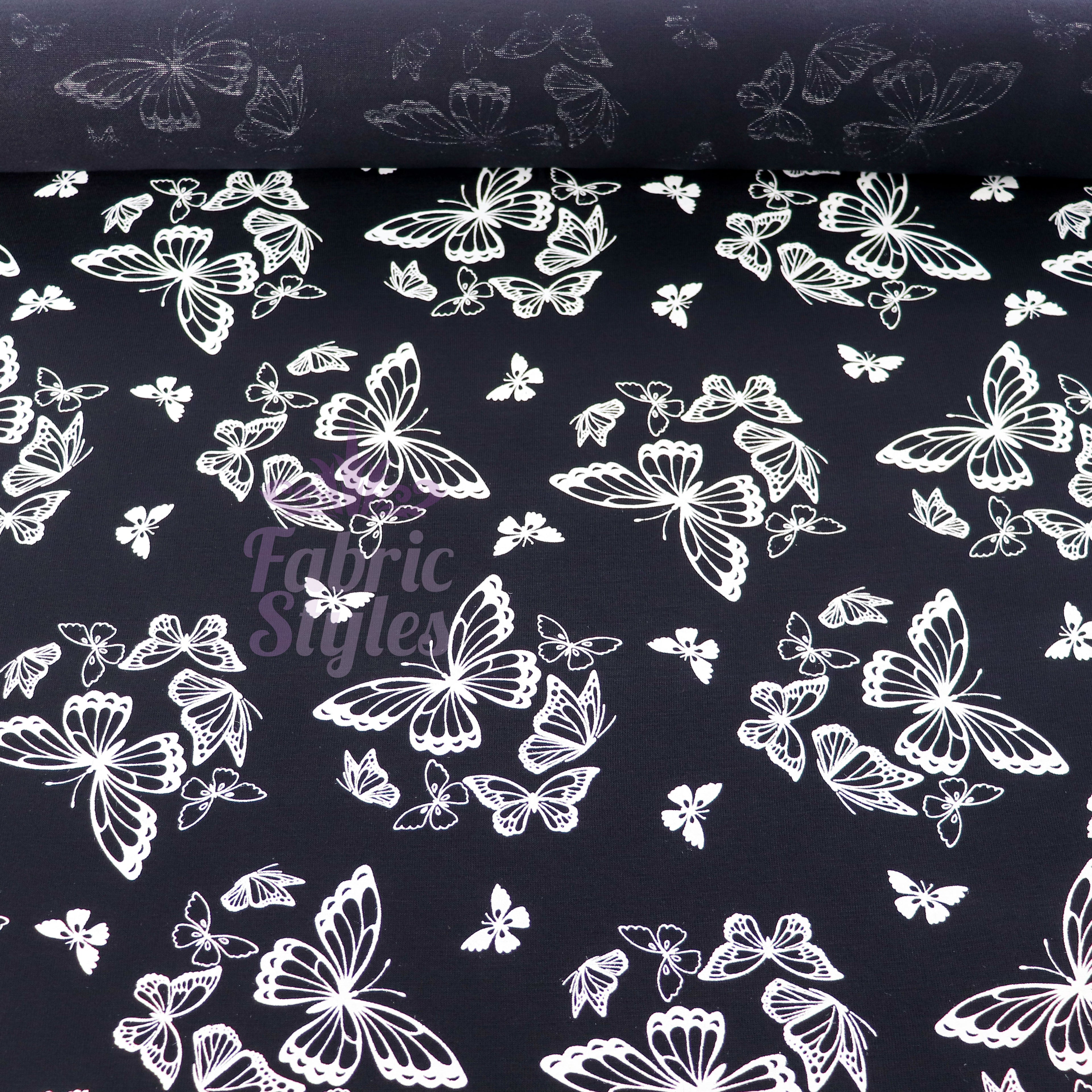 Black & White Butterfly Viscose Elastane Fabric