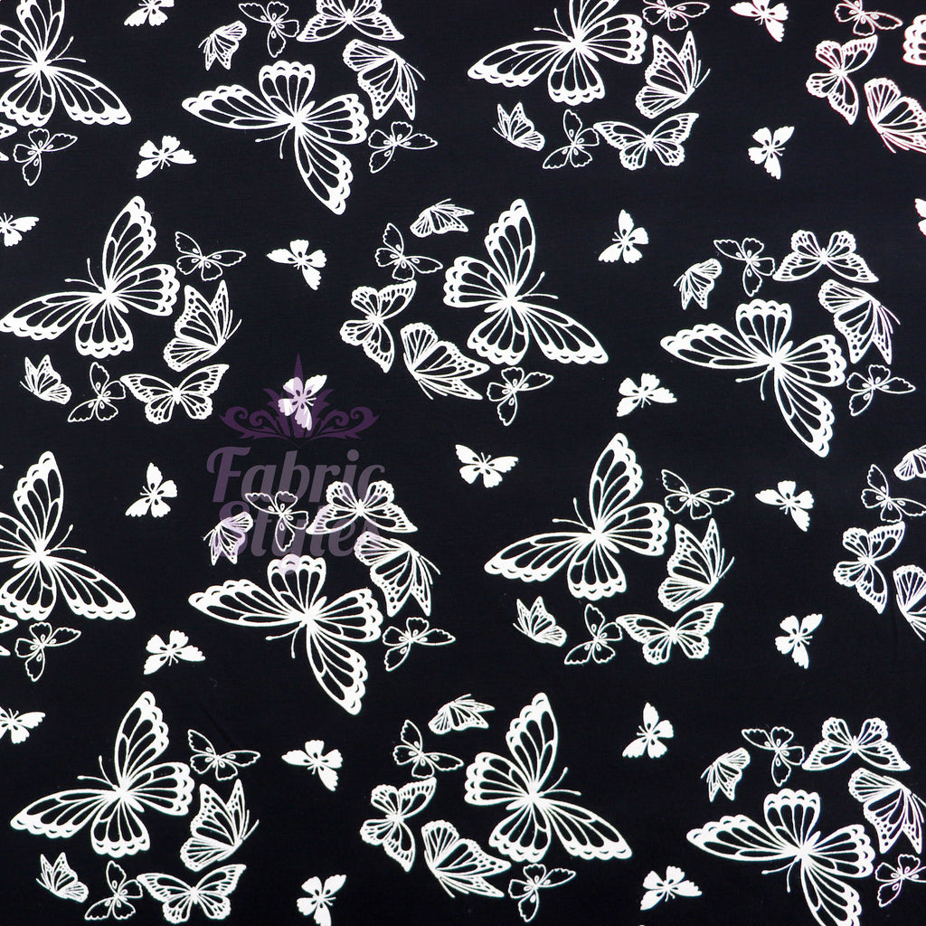 Black & White Butterfly Viscose Elastane Fabric