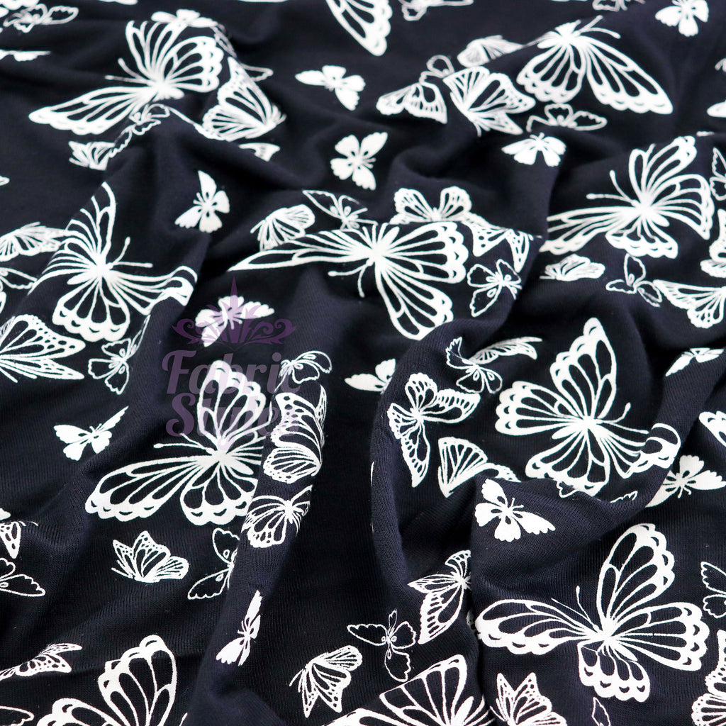 Black & White Butterfly Viscose Elastane Fabric