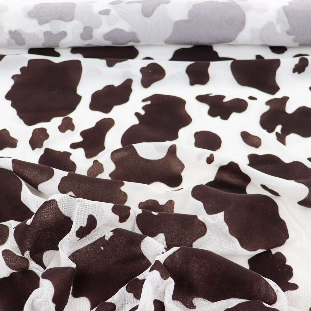 Cow Print Flock Mesh Fabric