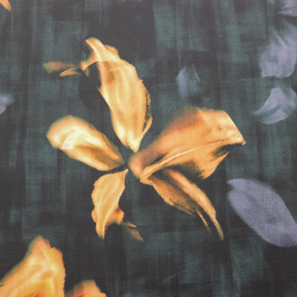Dark Green & Orange Abstract Floral ITY Stretch Jersey Fabric
