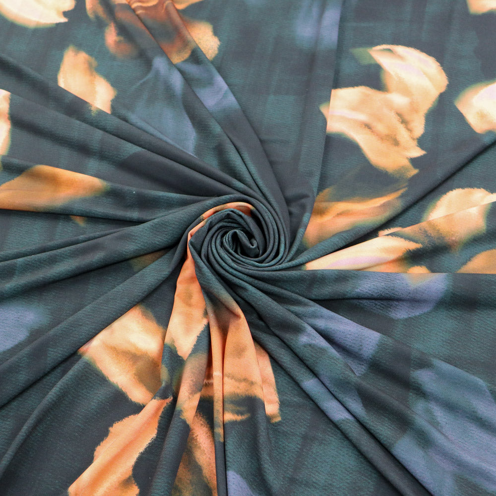 Dark Green & Orange Abstract Floral ITY Stretch Jersey Fabric