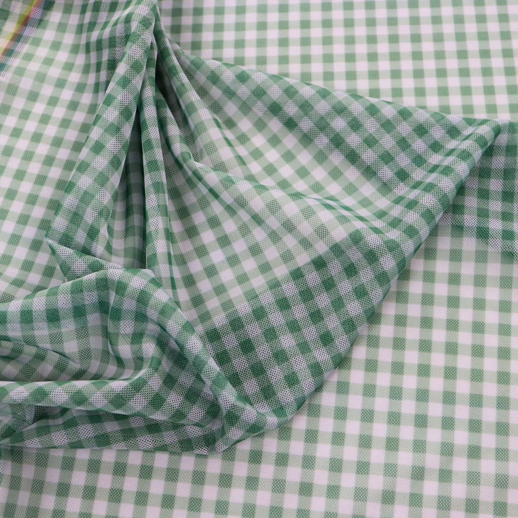 Green & White Gingham Check Power Mesh Stretch Fabric