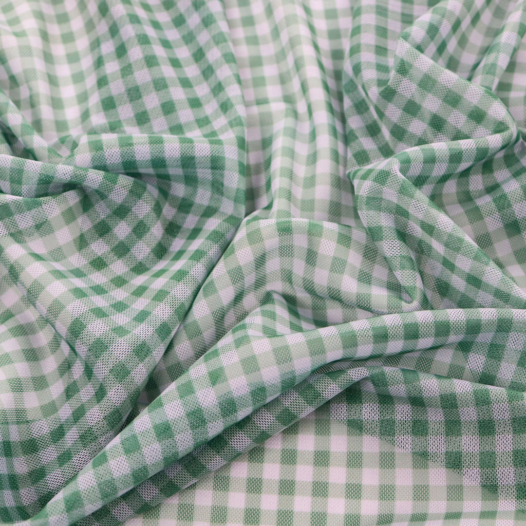 Green & White Gingham Check Power Mesh Stretch Fabric
