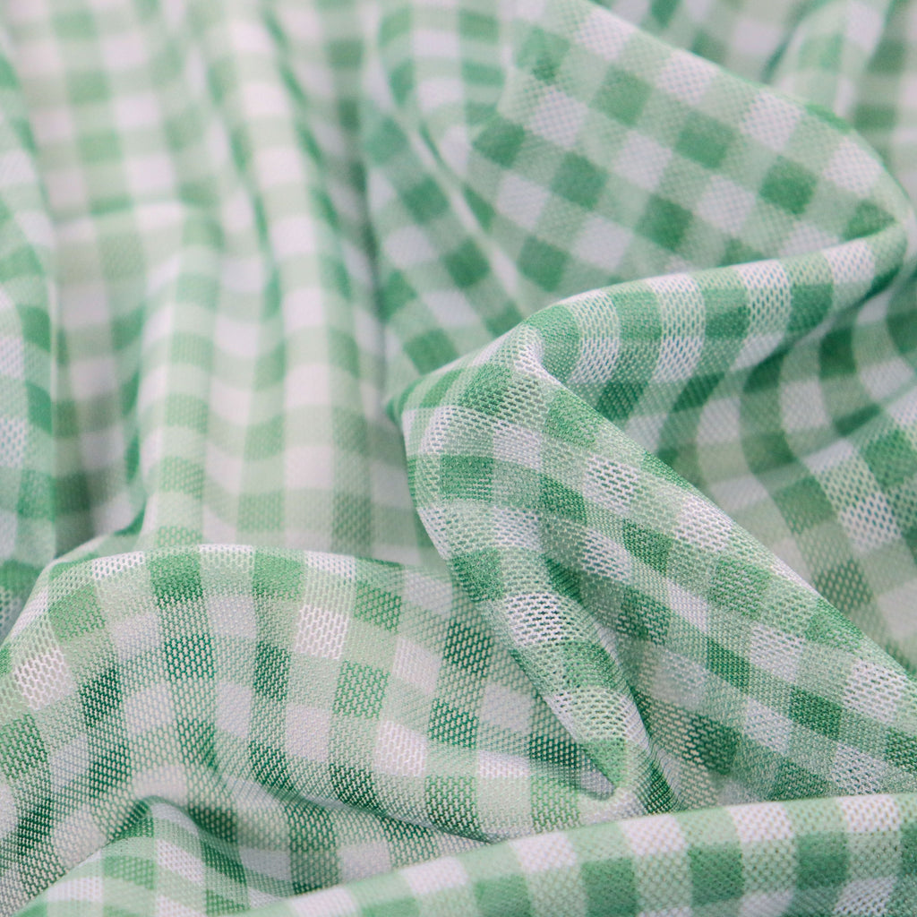 Green & White Gingham Check Power Mesh Stretch Fabric
