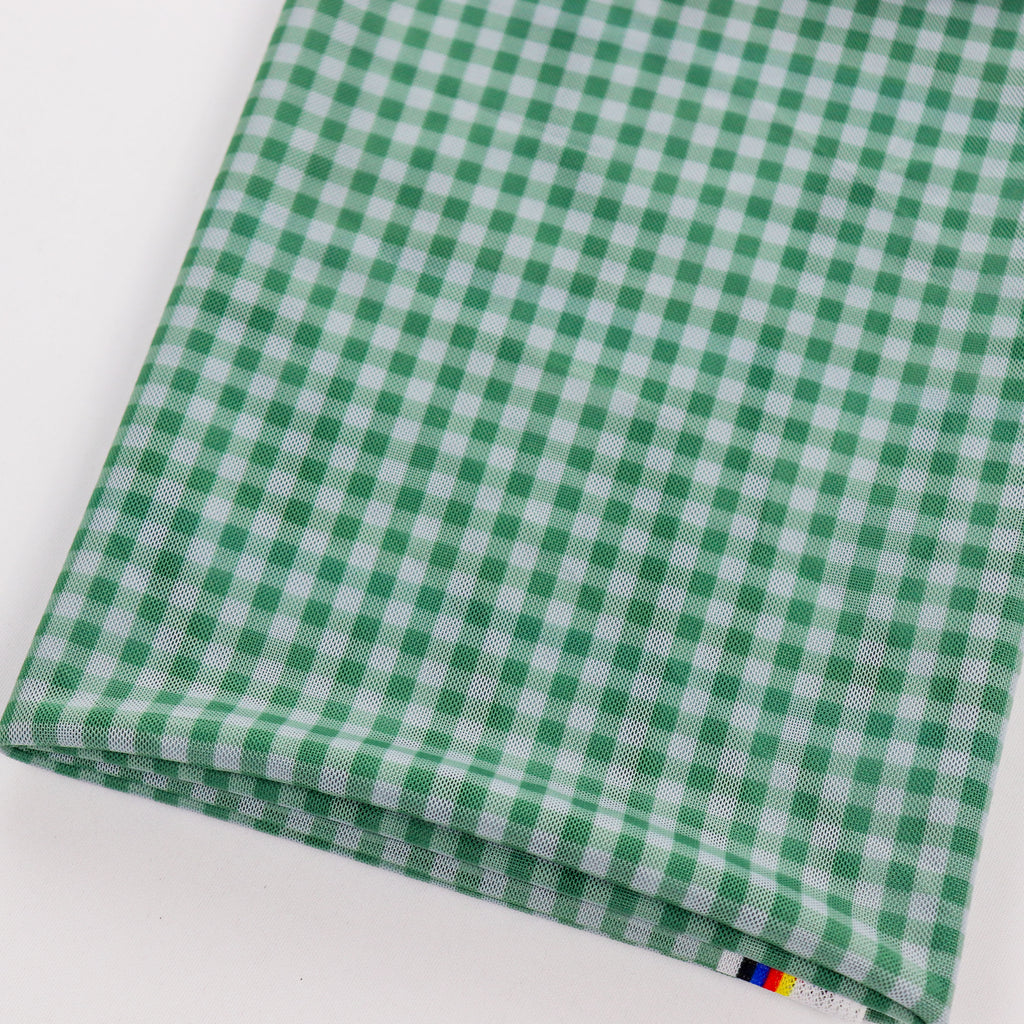 Green & White Gingham Check Power Mesh Stretch Fabric