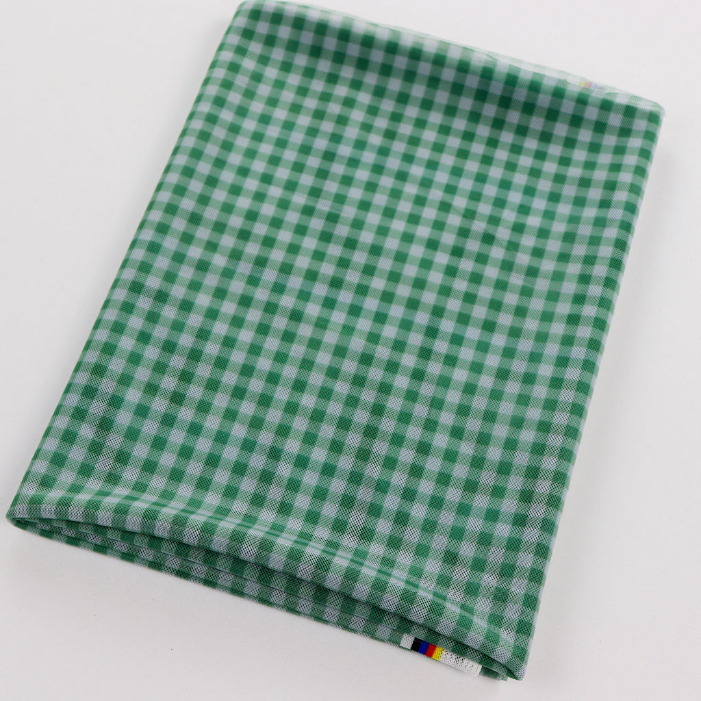 Green & White Gingham Check Power Mesh Stretch Fabric